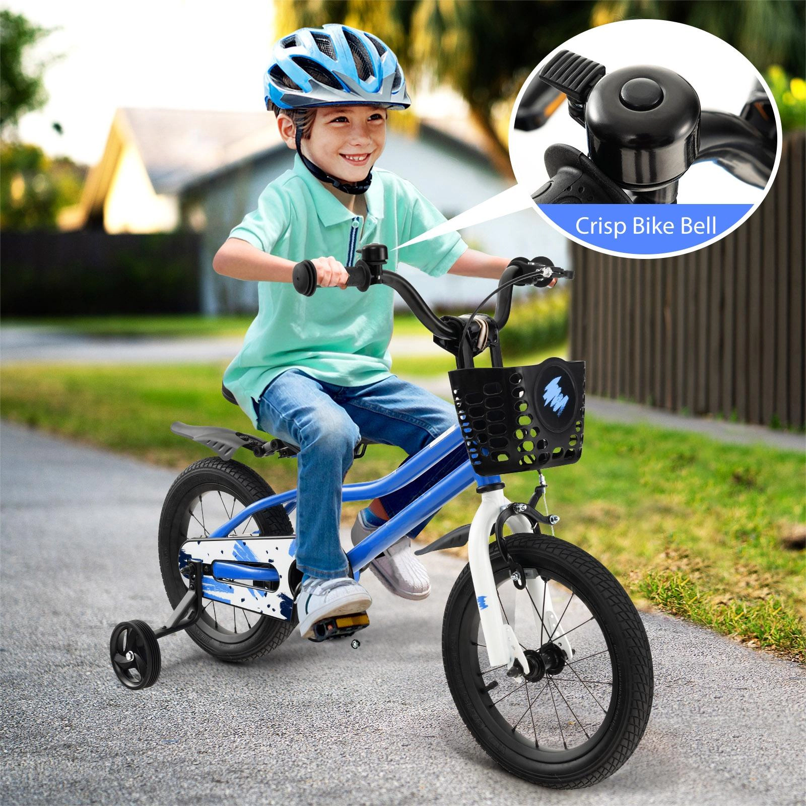SUGIFT Height-Adjustable 14-Inch Kids Bike with Training Wheels 99-lb Seat Capacity Ages 3-5 Years Blue