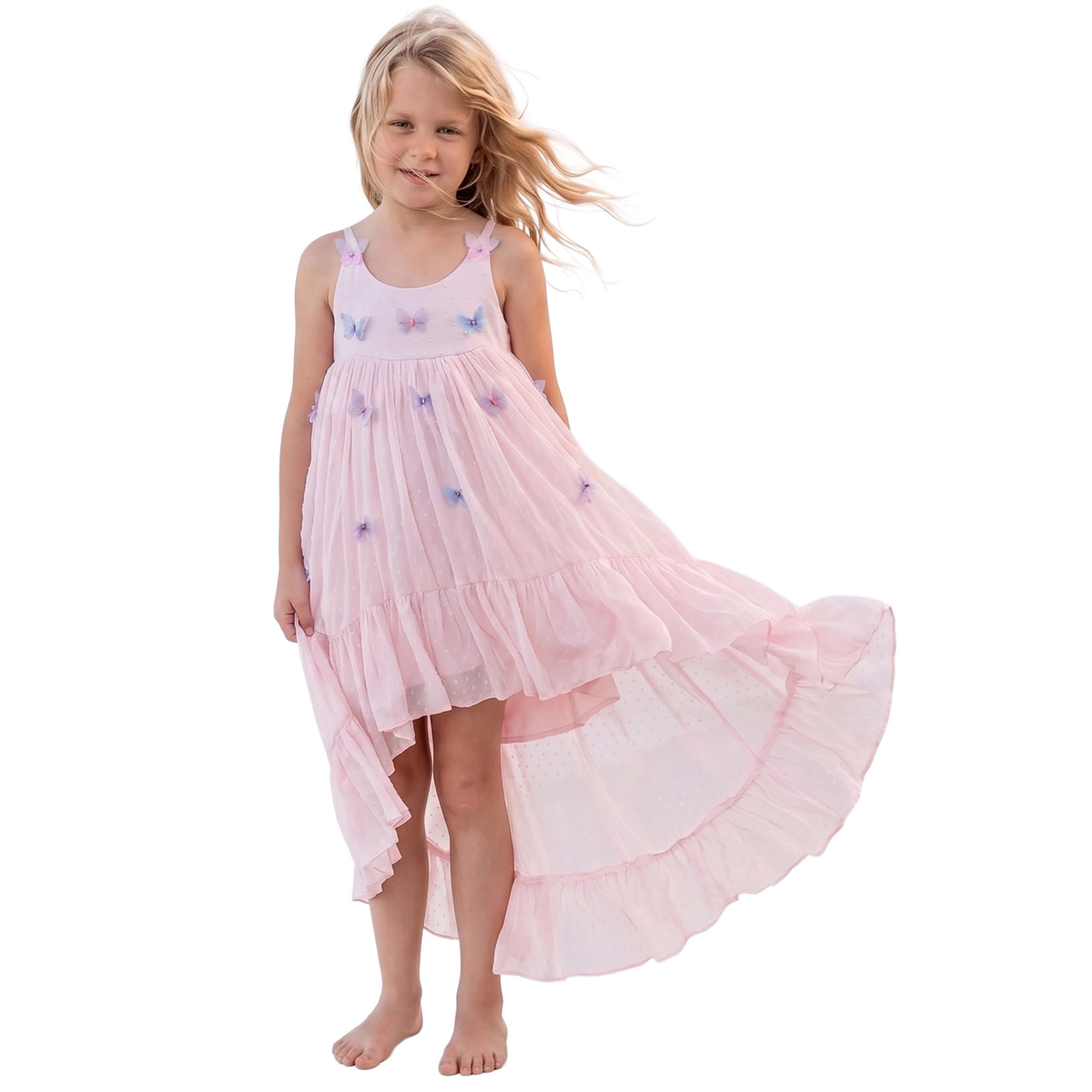 2Bunnies Girls Sleeveless 3D Butterfly Applique Swiss Dot High-Low Maxi Sundress