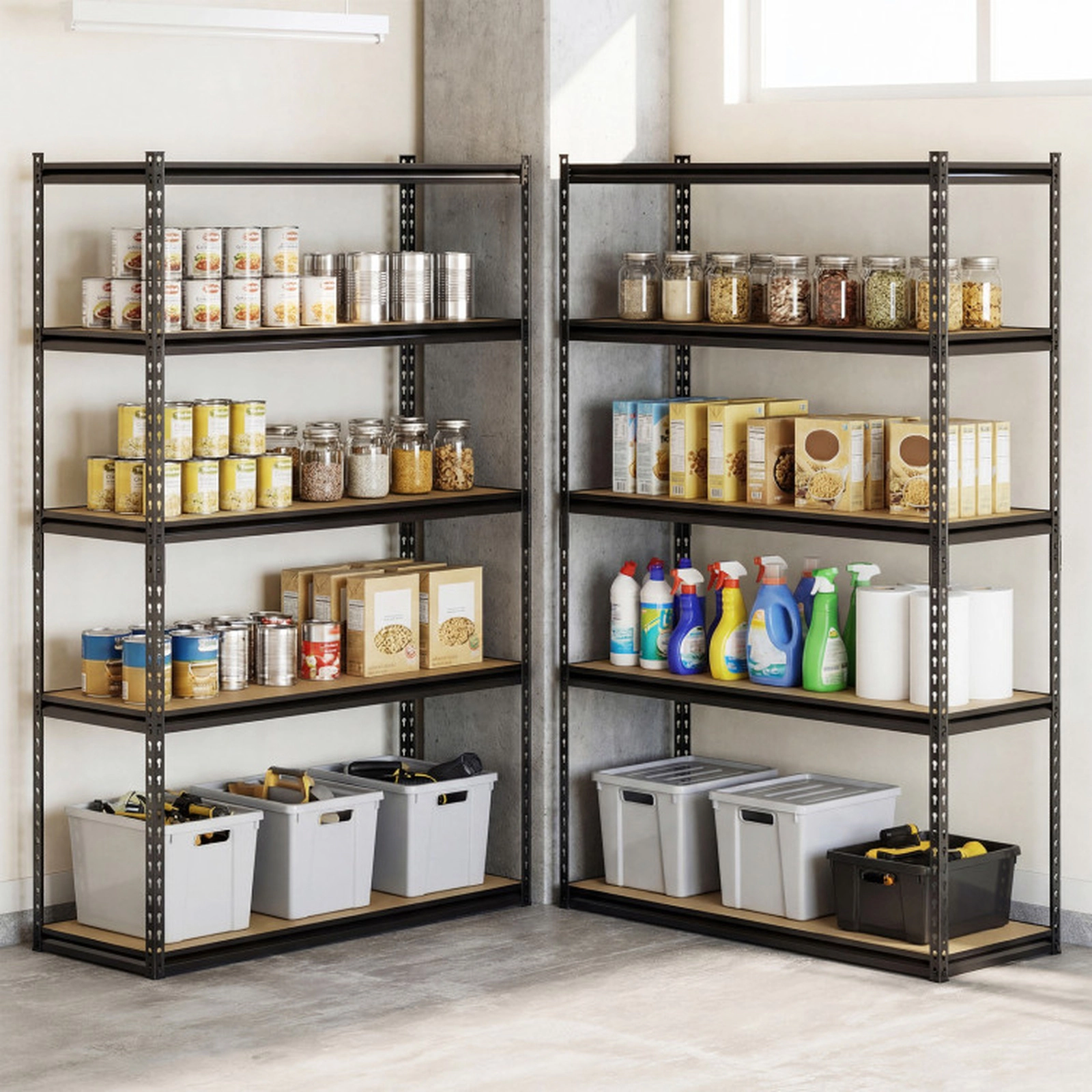 SUGIFT Adjustable 5-Tier Metal Garage Shelving Unit 440-lb Capacity Per Shelf 2200-lb Total 60-in Tall Black Set of 2