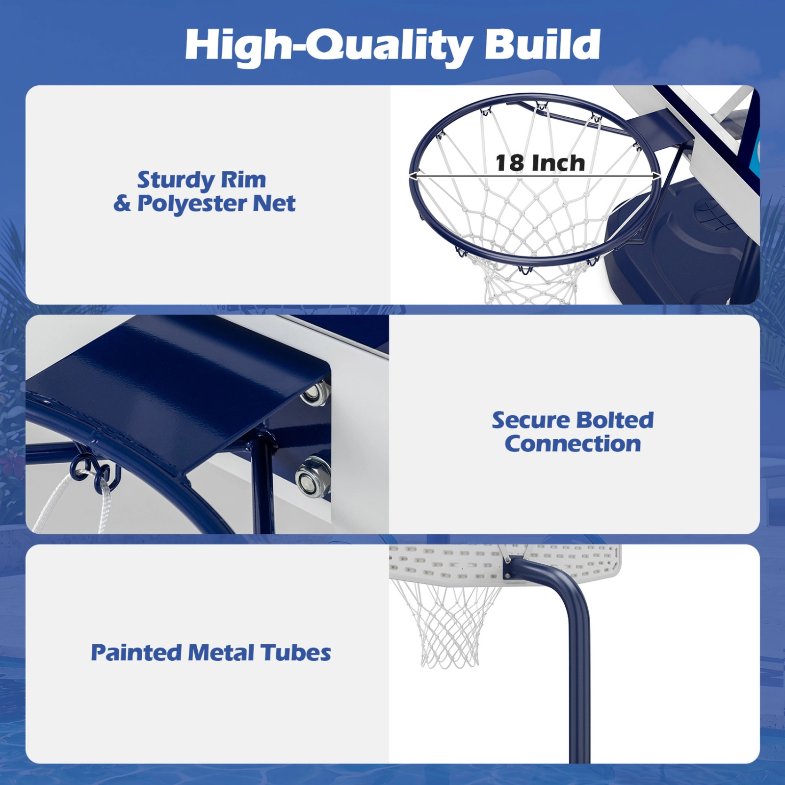 SUGIFT Kids Navy Pool Basketball Hoop Set with Shatterproof PC Backboard and 2 Balls 18-in Rim Dia 5-ft H