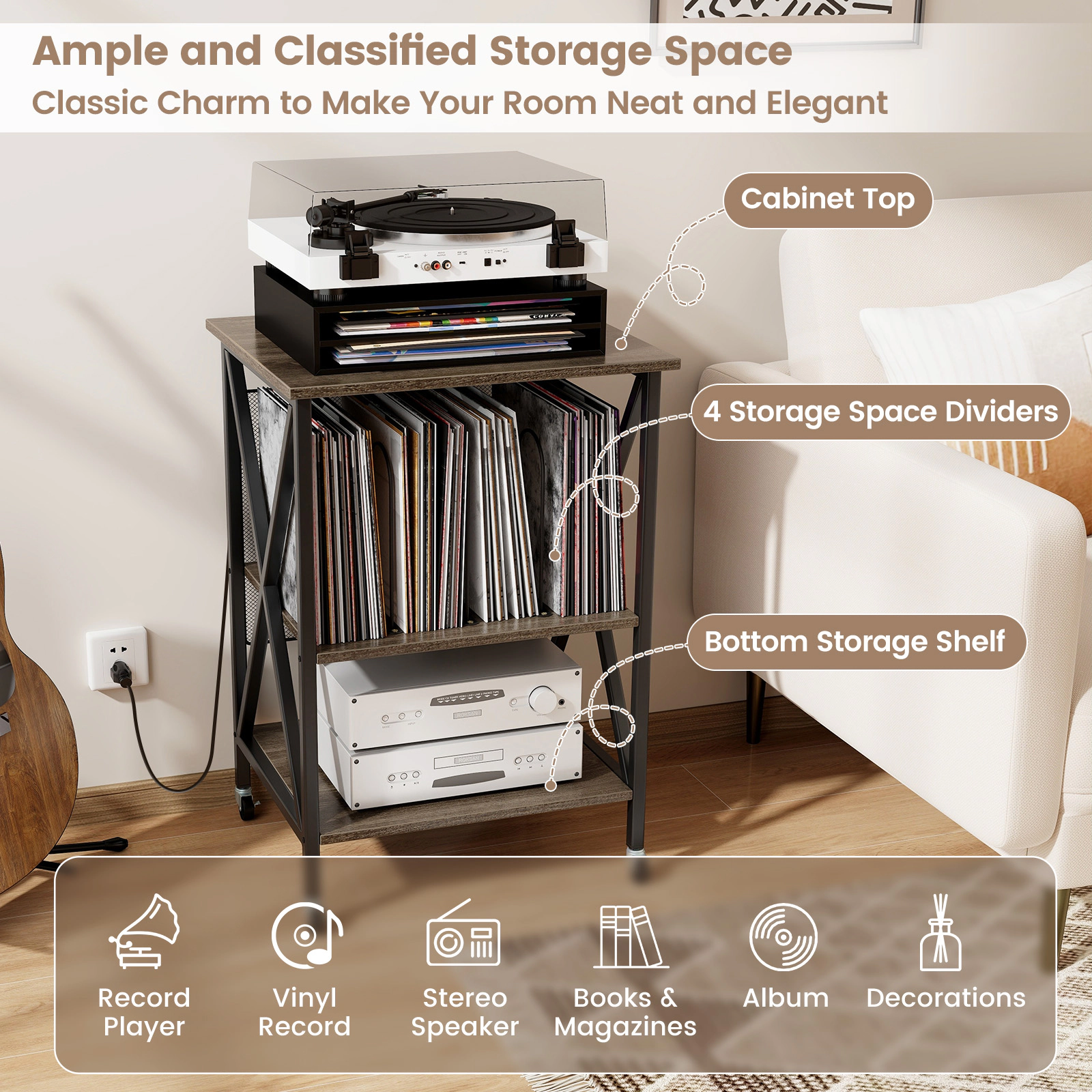 Glintex Mid-Century Record Player Stand with Removable Dividers and Charging Station