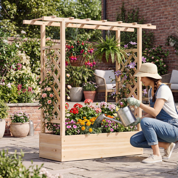 Hivvago 45 inch Tall Wooden Raised Garden Bed with Side Trellis and Hanging Roof