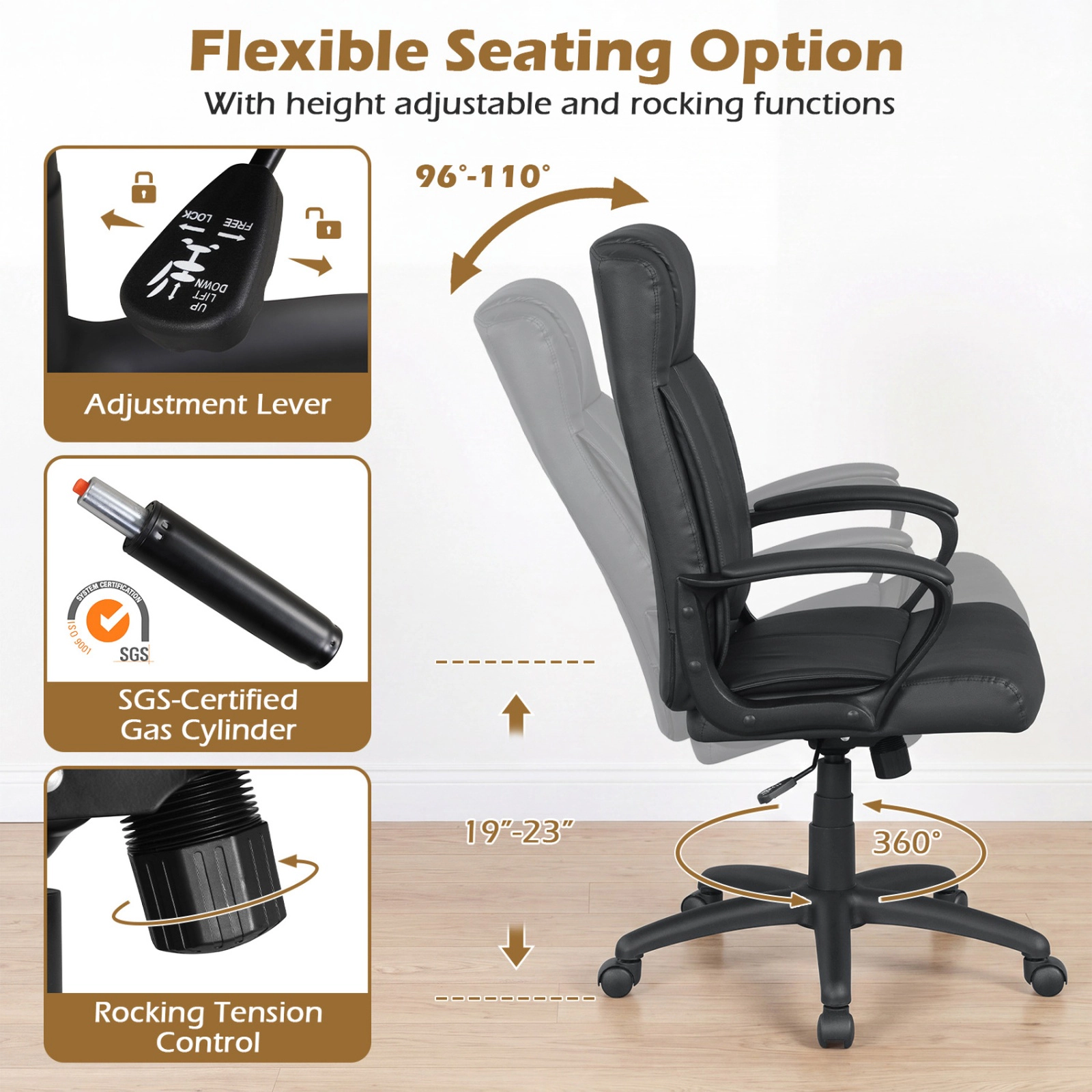 SUGIFT Black Faux Leather Mid-Back Office Chair with Rocking Backrest and Armrests