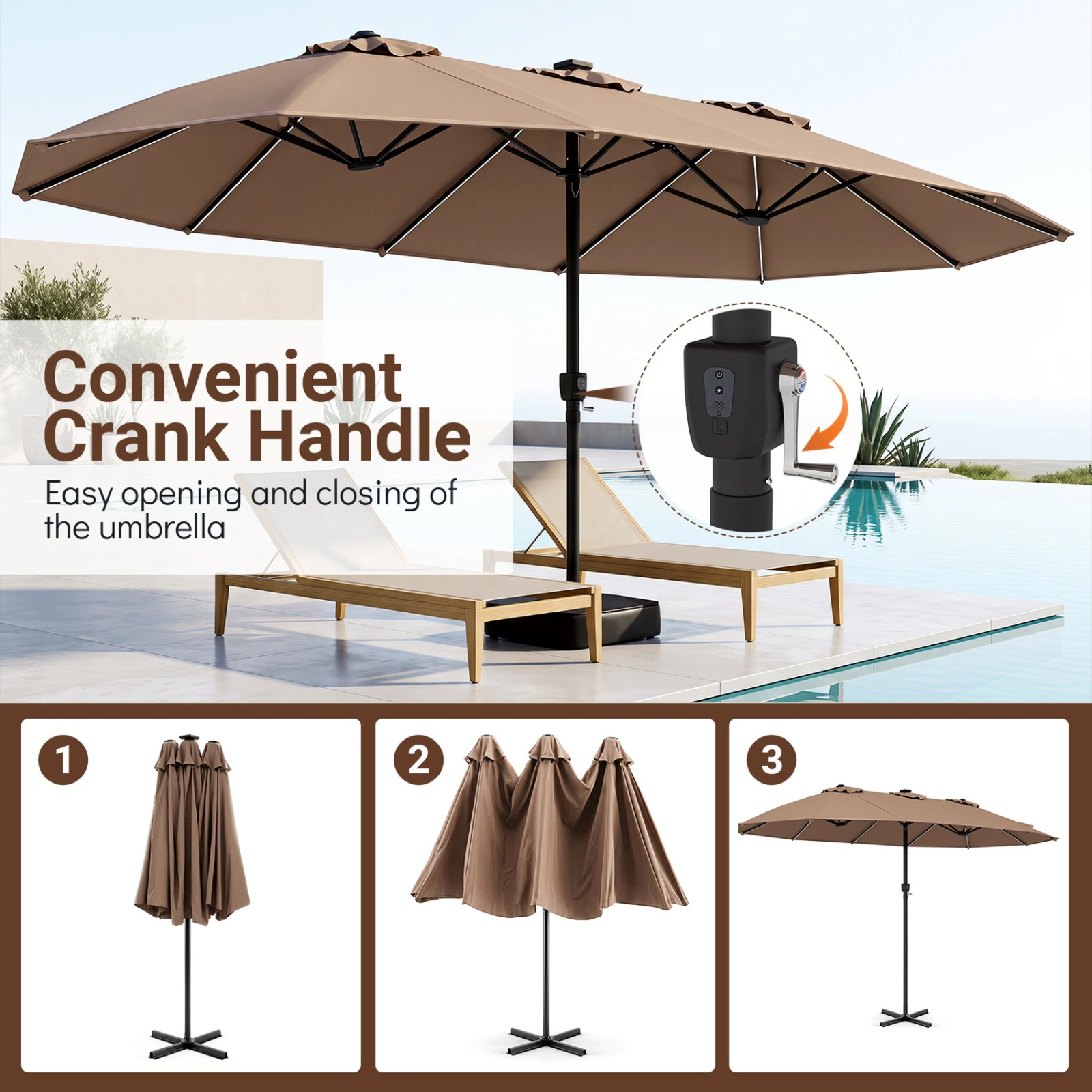 SUGIFT 144 Solar LED Lights and 12 Ribs 15.5 FT Extra-Large Double-Sided Patio Umbrella