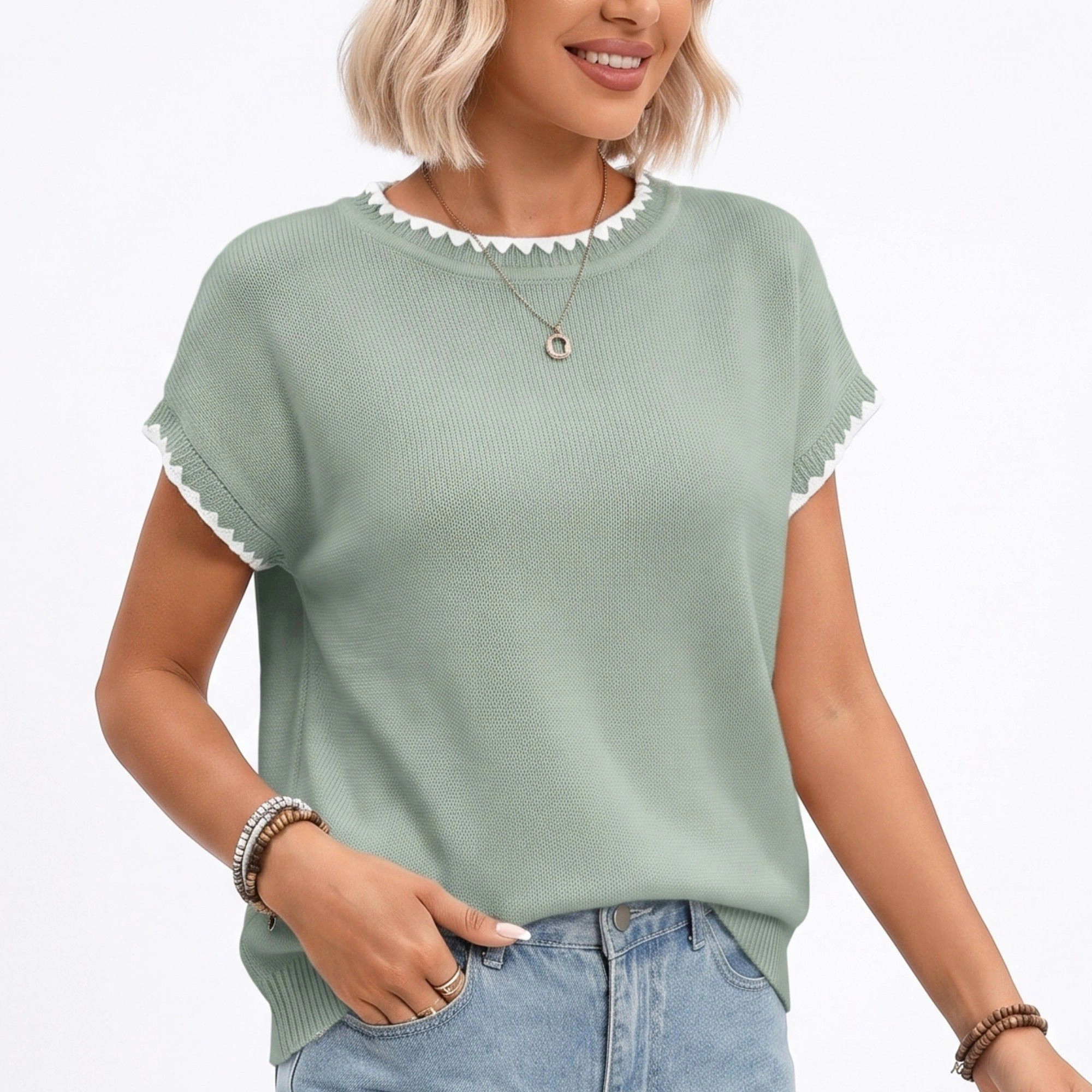 Anna-Kaci Women's Short Sleeve Sweater Top Scallop Trim Crew Neck Knit Blouse