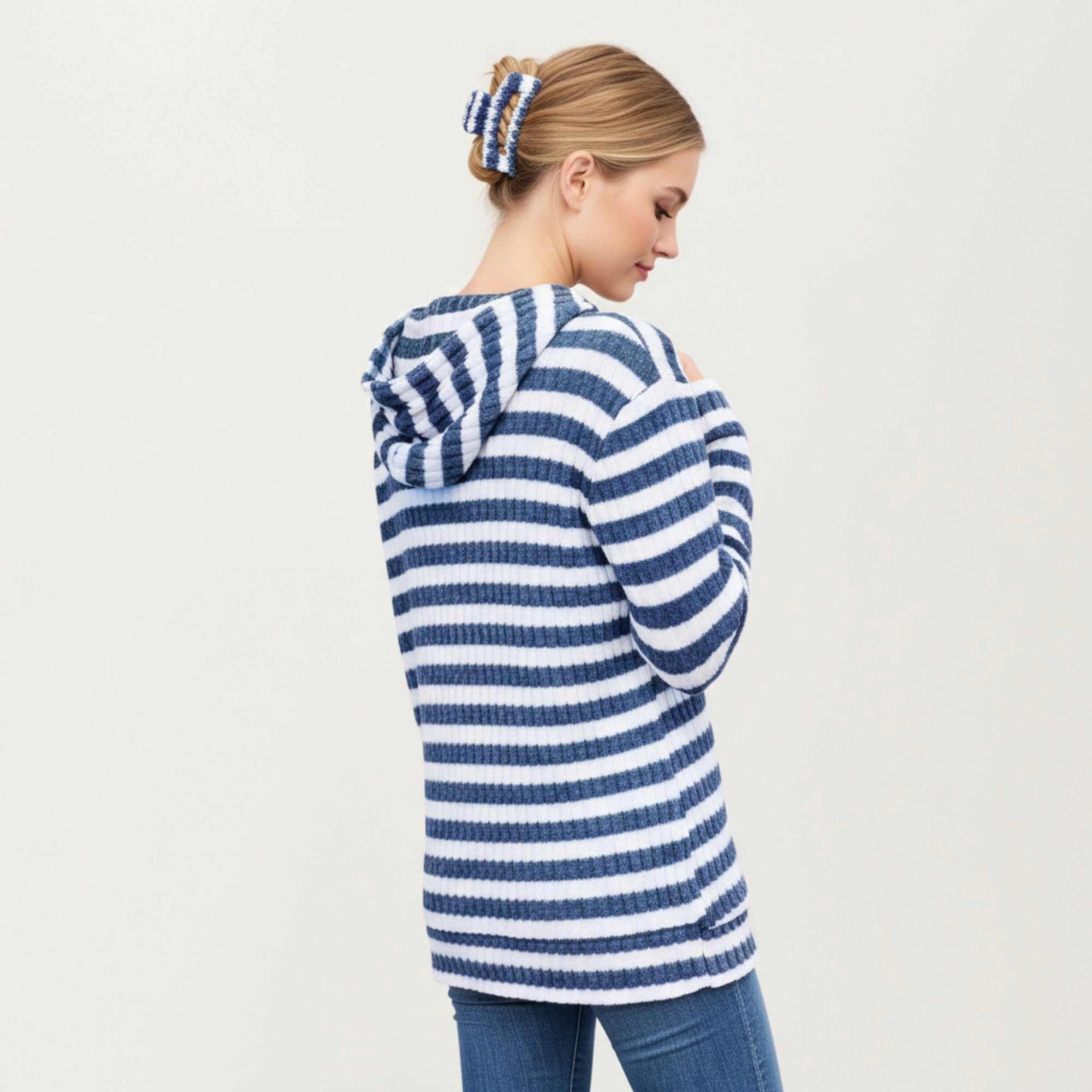 Anna-Kaci Women's Striped Ribbed Tunic Length Kangaroo Pocket Long Sleeve Knit Hoodie Top
