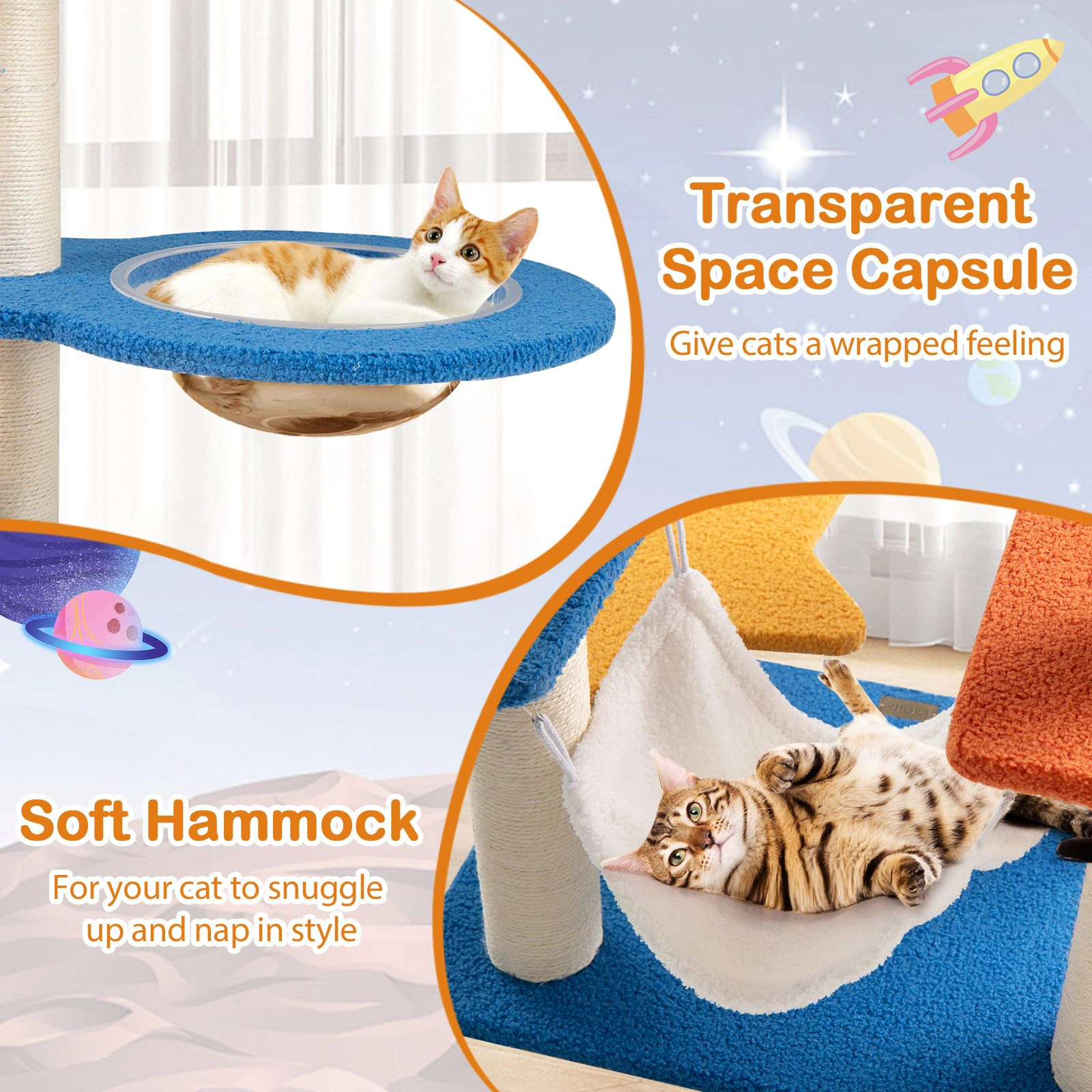 SlickBlue 49" Space Cat Tree with Capsule, Hammock & Scratching Posts