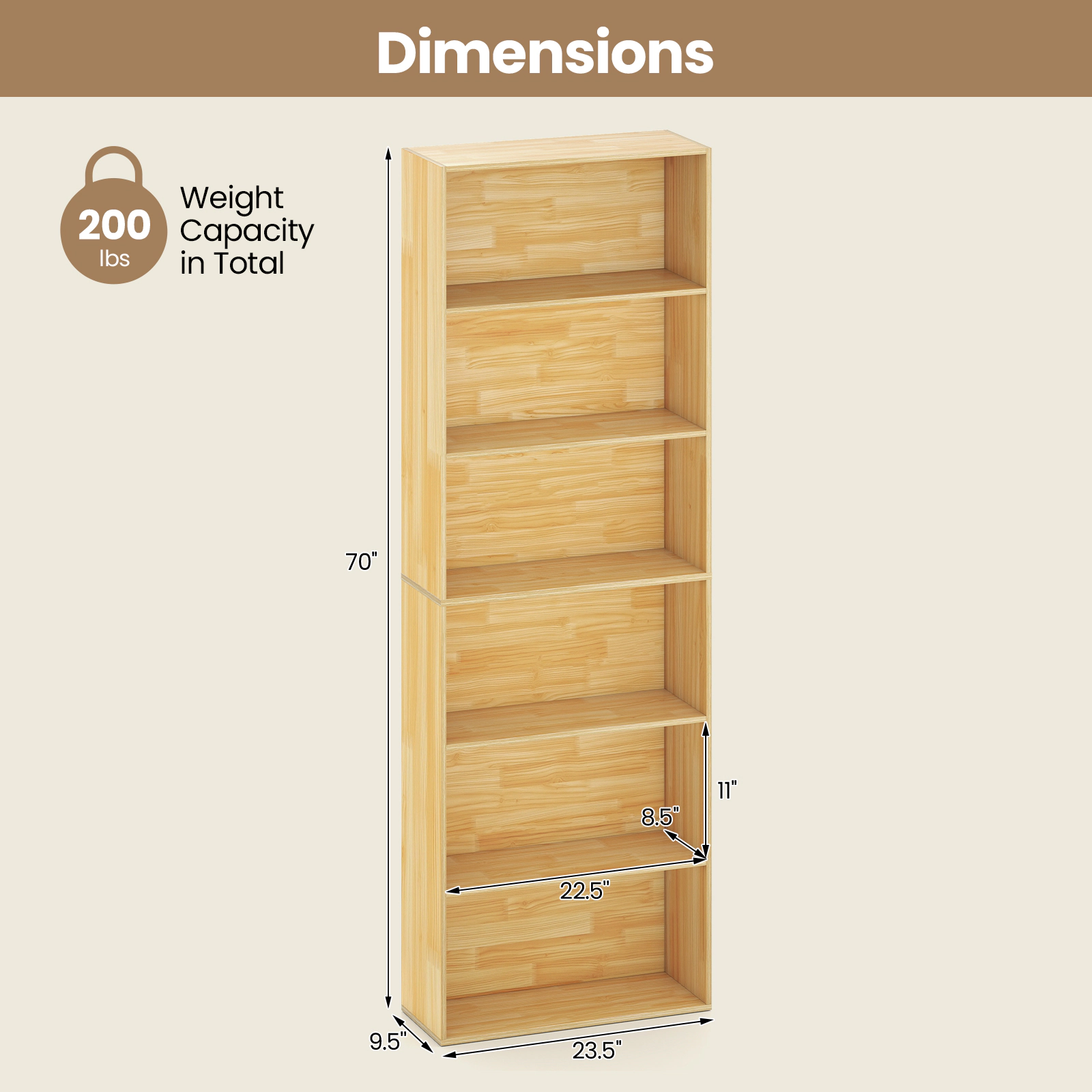 SUGIFT 6-Tier Natural 70-in Tall Bookshelf with 6 Uniform Open Shelves 2 Anti-Toppling Kits and 200-lb Top