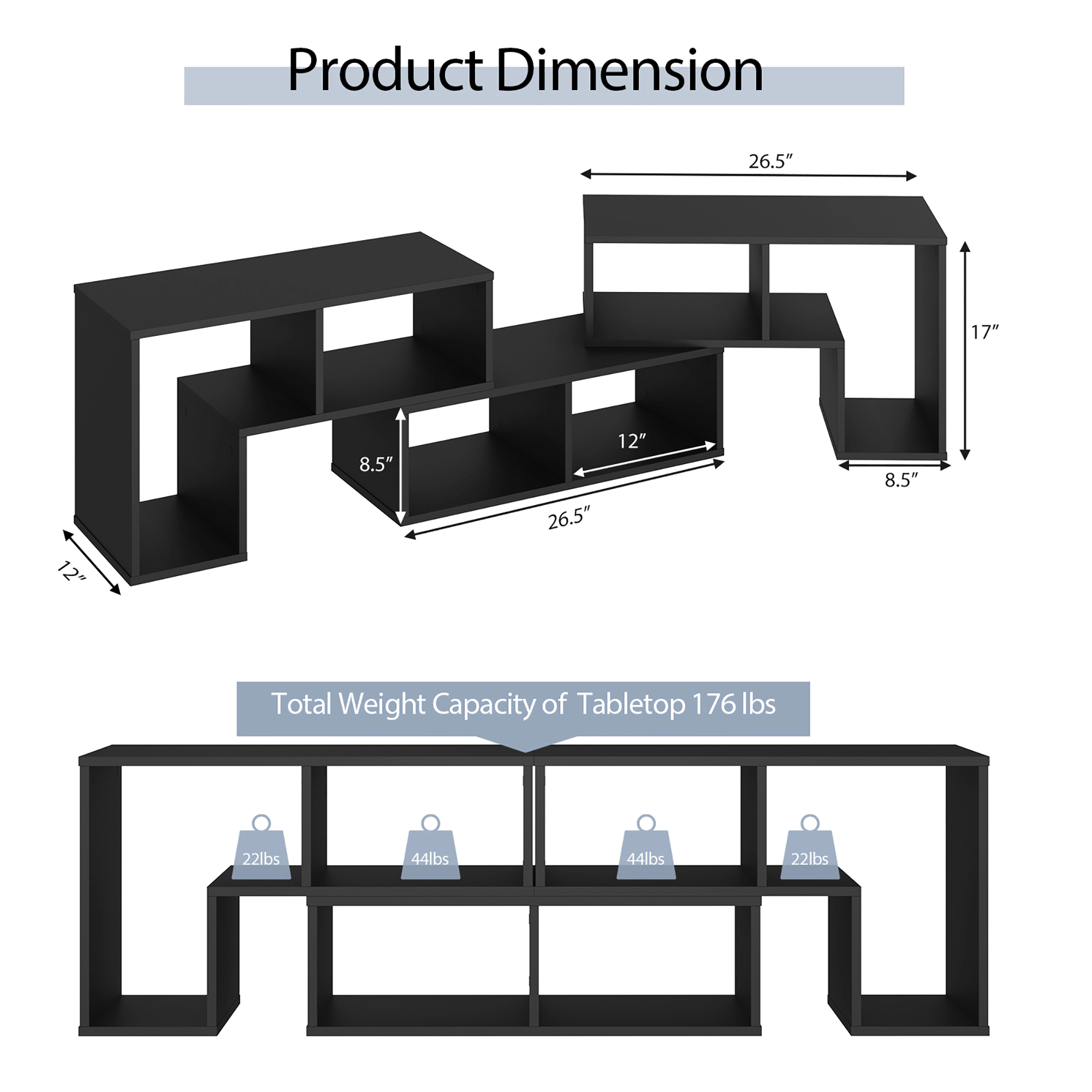 Costway 3 Pieces TV Console Stand Modern Entertainment Center Storage Bookcase Black
