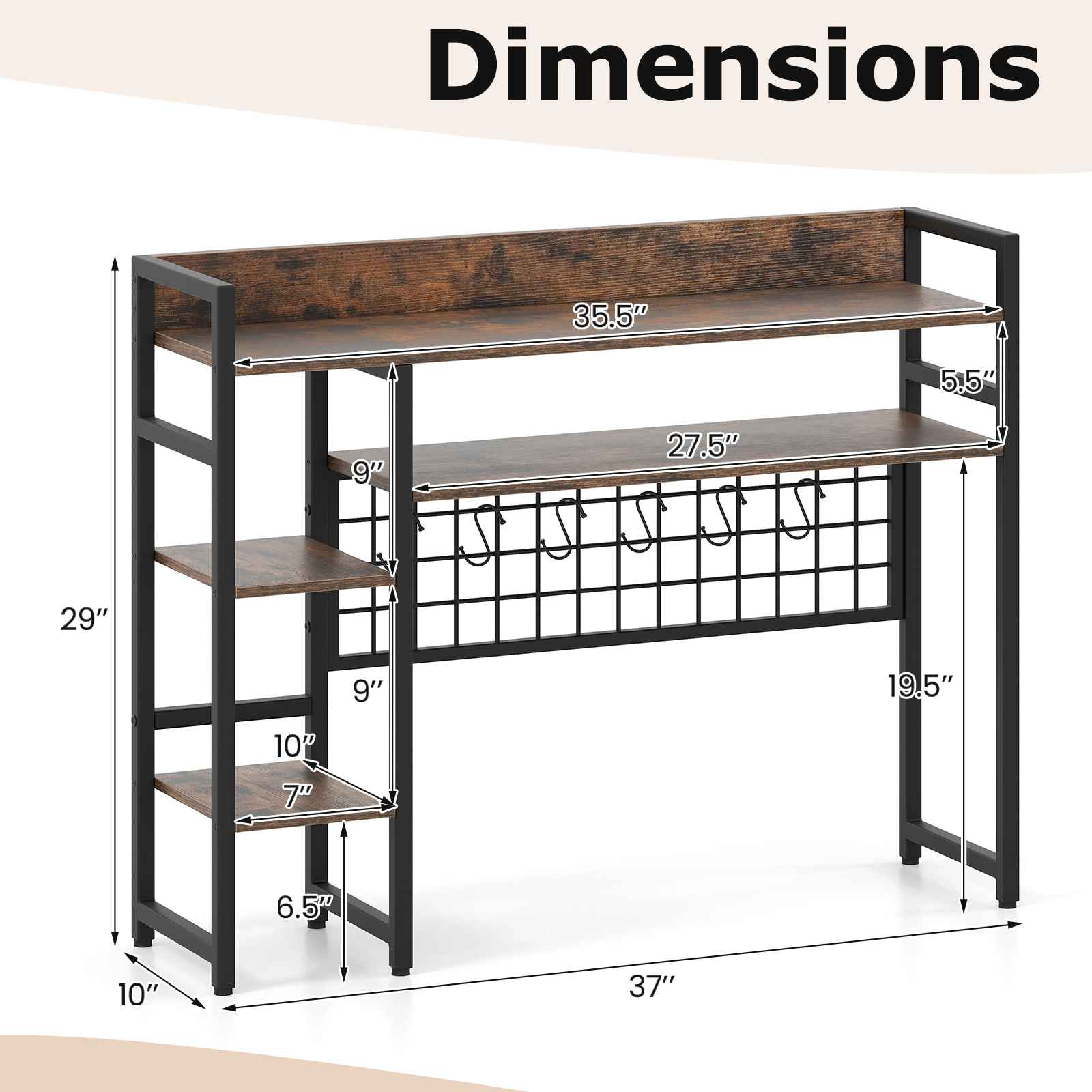 SUGIFT 4-Tier Rustic Brown Desktop Bookshelf with Metal Grid Panel 6 Hooks and Display Rack for Monitor