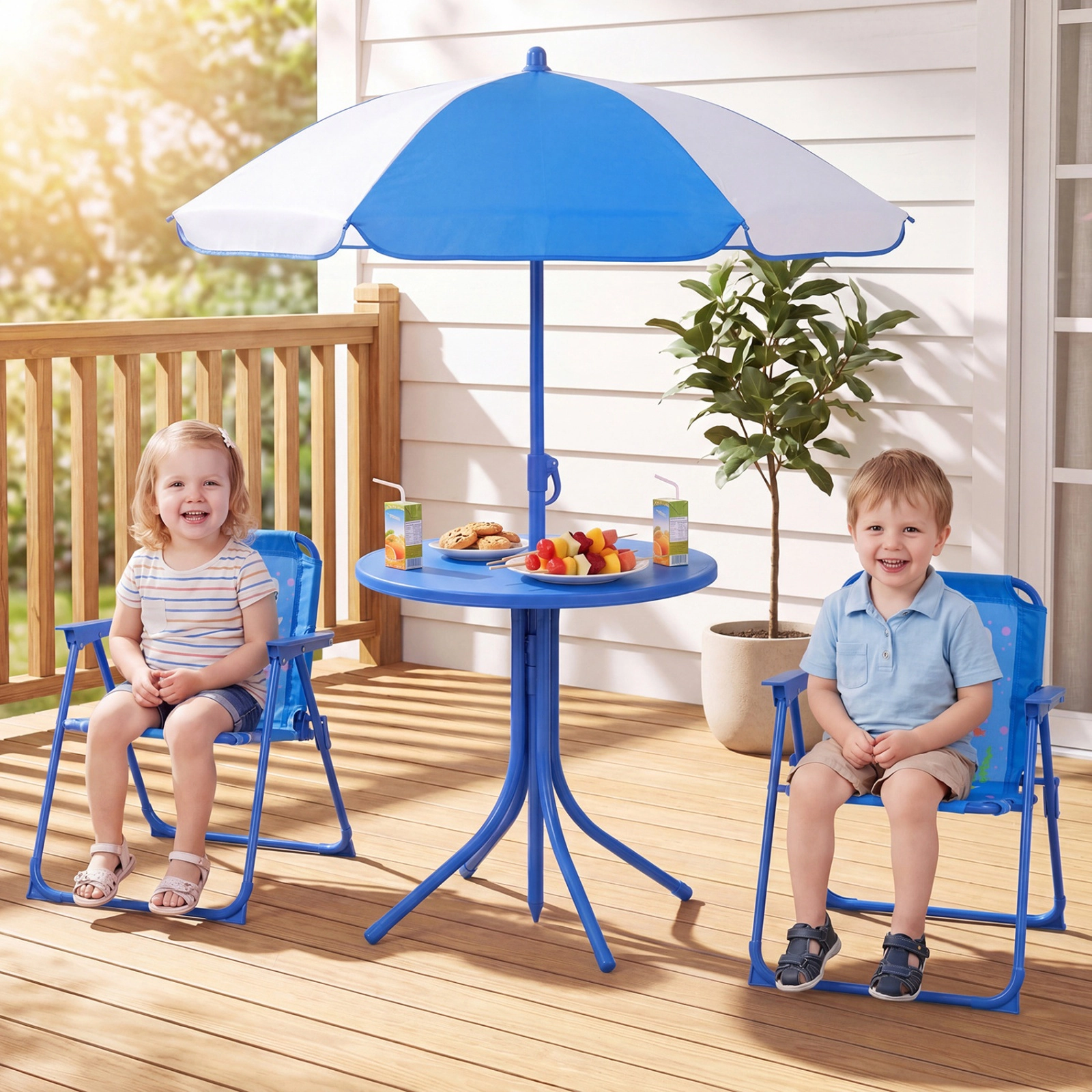 SUGIFT Kids Outdoor Table & 2 Folding Chairs Set Height Adjustable Umbrella 165-lb Chair Capacity 66-lb Table Capacity