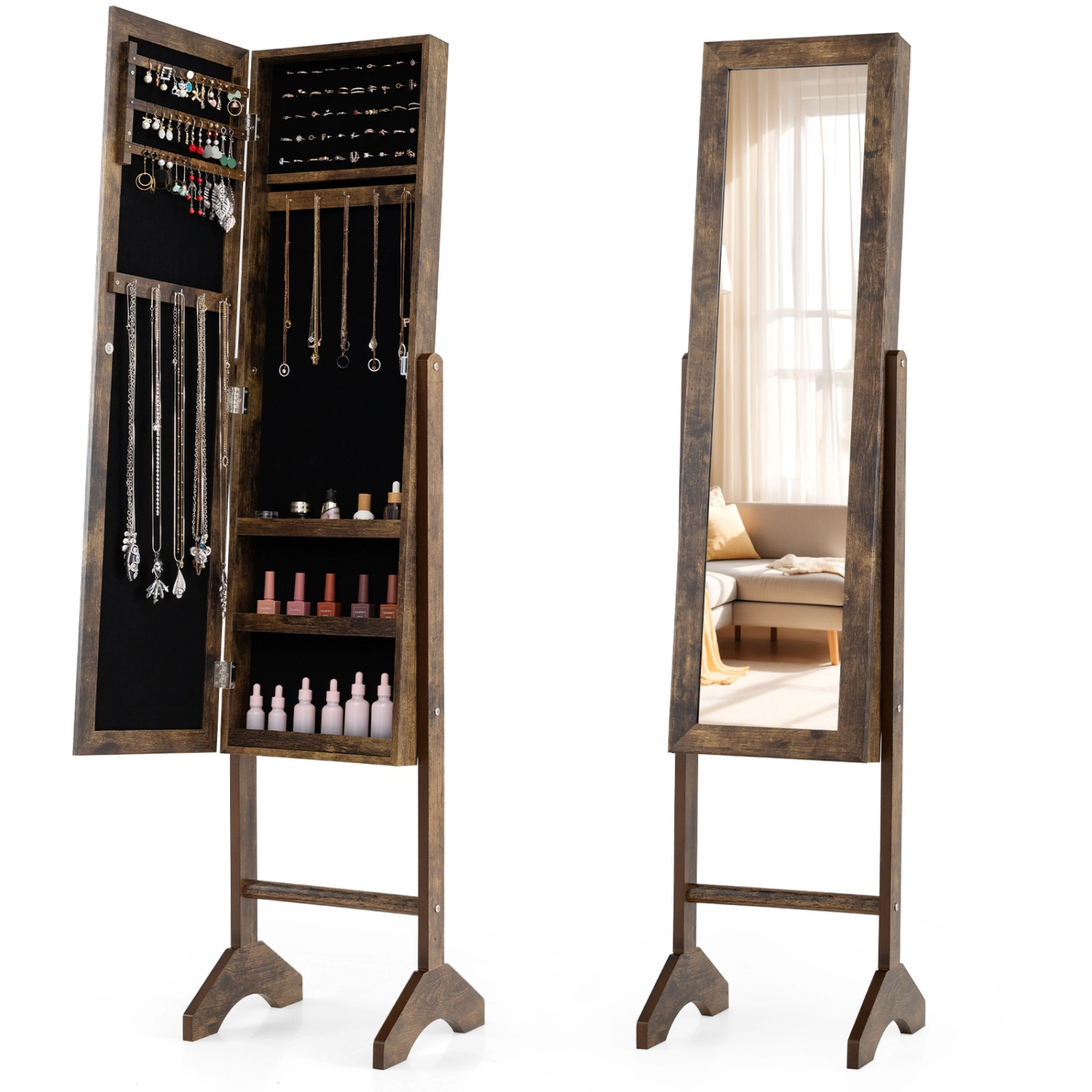 SUGIFT Freestanding Jewelry Armoire with Velvet Lining and Full Length 40-in Mirror Brown