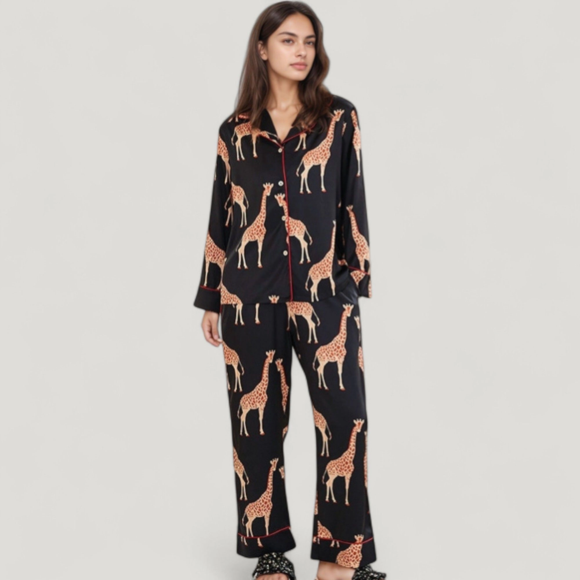 Anna-Kaci Women's Giraffe Print Pajama Set with Long Sleeve Button Down Top and Relaxed Fit Woven Pants