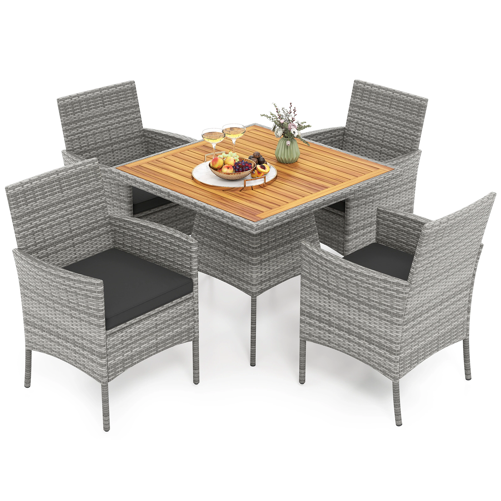 LJG 5 Pieces PE Wicker Patio Dining Set Outdoor Acacia Wood Table and Chairs