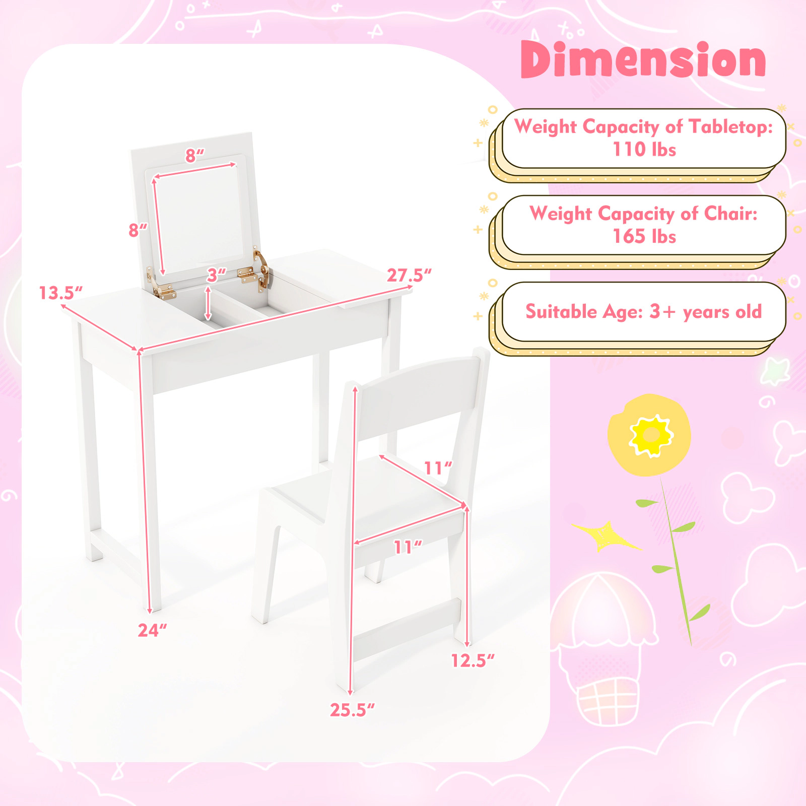 SUGIFT White Flip Top Mirror 2-in-1 Kids Vanity Makeup Table and Chair Set