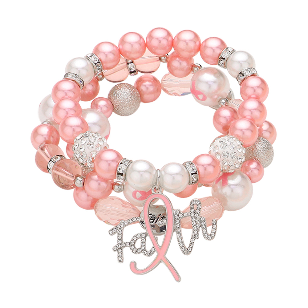 FASHNZFAB 3PCS - FAITH Message Charm Shamballa Ball Pointed Pearl Beaded Stretch Multi Layered Bracelets