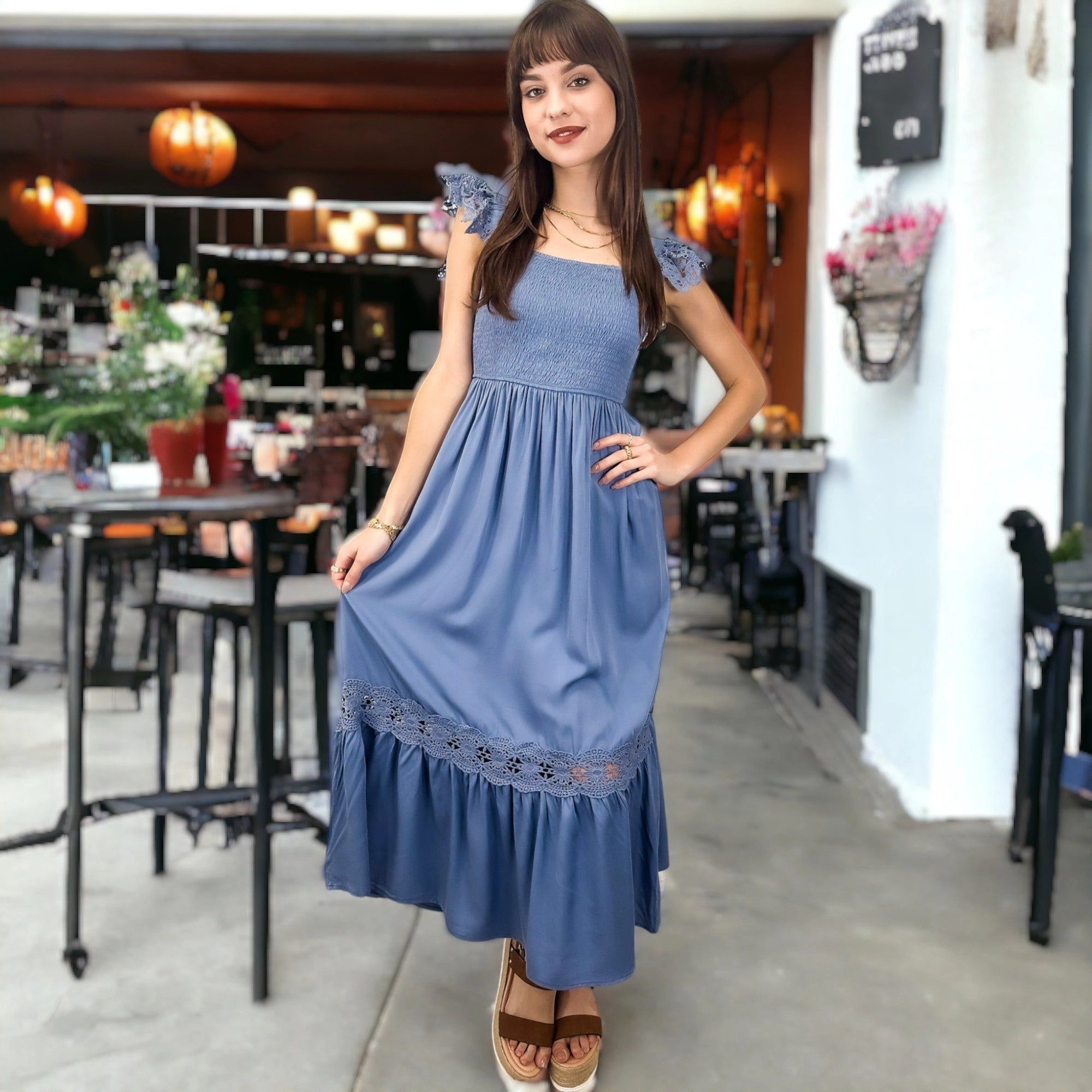 Anna-Kaci Women's Boho Lace Strap Sleeveless Smocked Ruffle Beach Maxi Dress