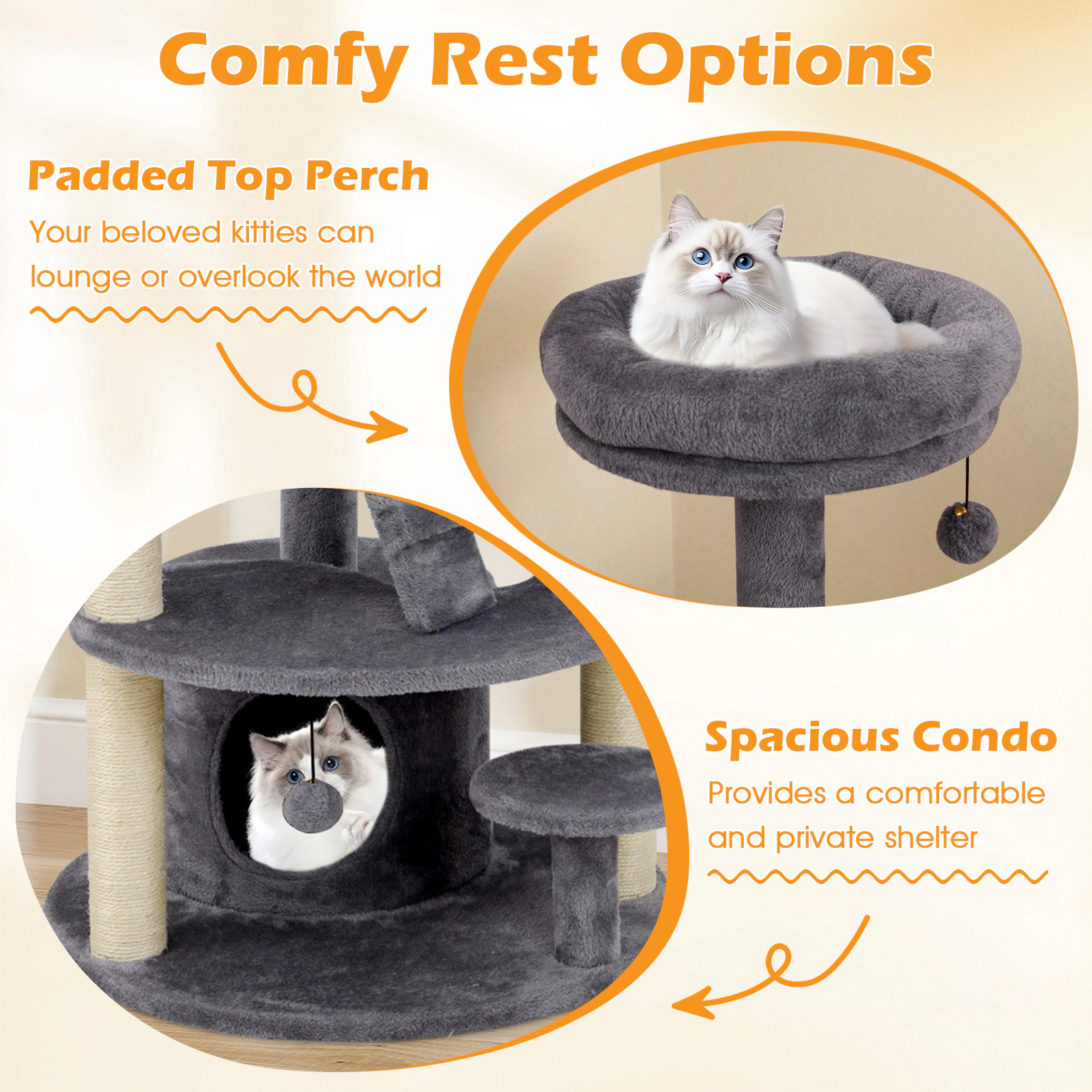 Glintex 40-Inch Cat Tower with Curved Bridge 3 Round Perches and Climbing Ladder, Gray