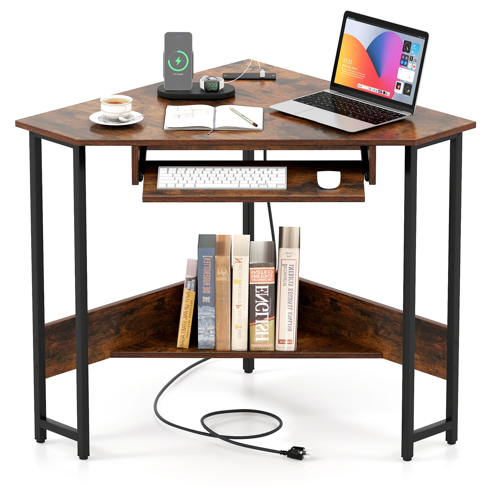 LJG Triangle Corner Desk with Charging Station Keyboard Tray and Storage Shelf