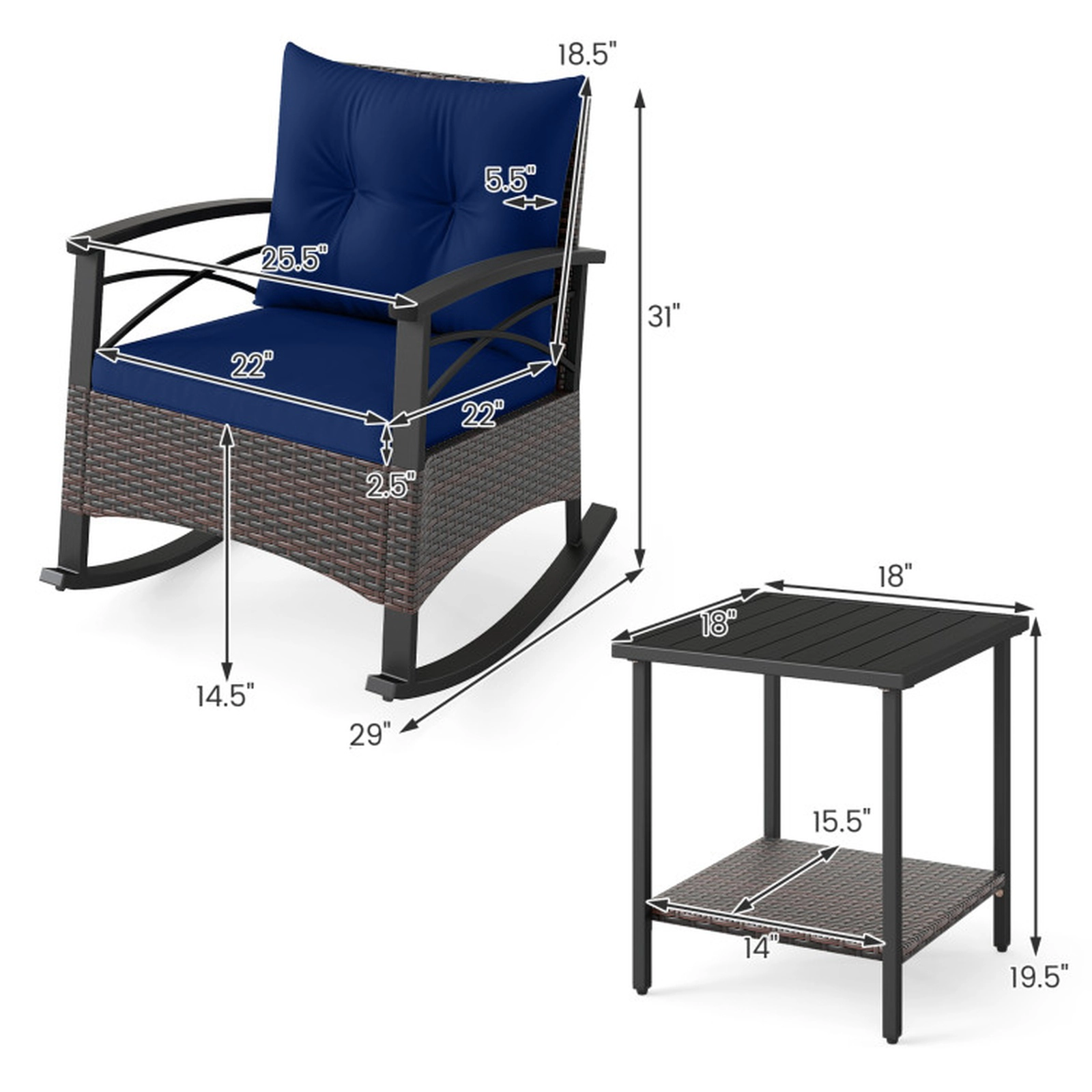 SUGIFT 3-Piece Brown PE Rattan Outdoor Rocking Chair Set with Acacia Side Table, 400-lb Capacity
