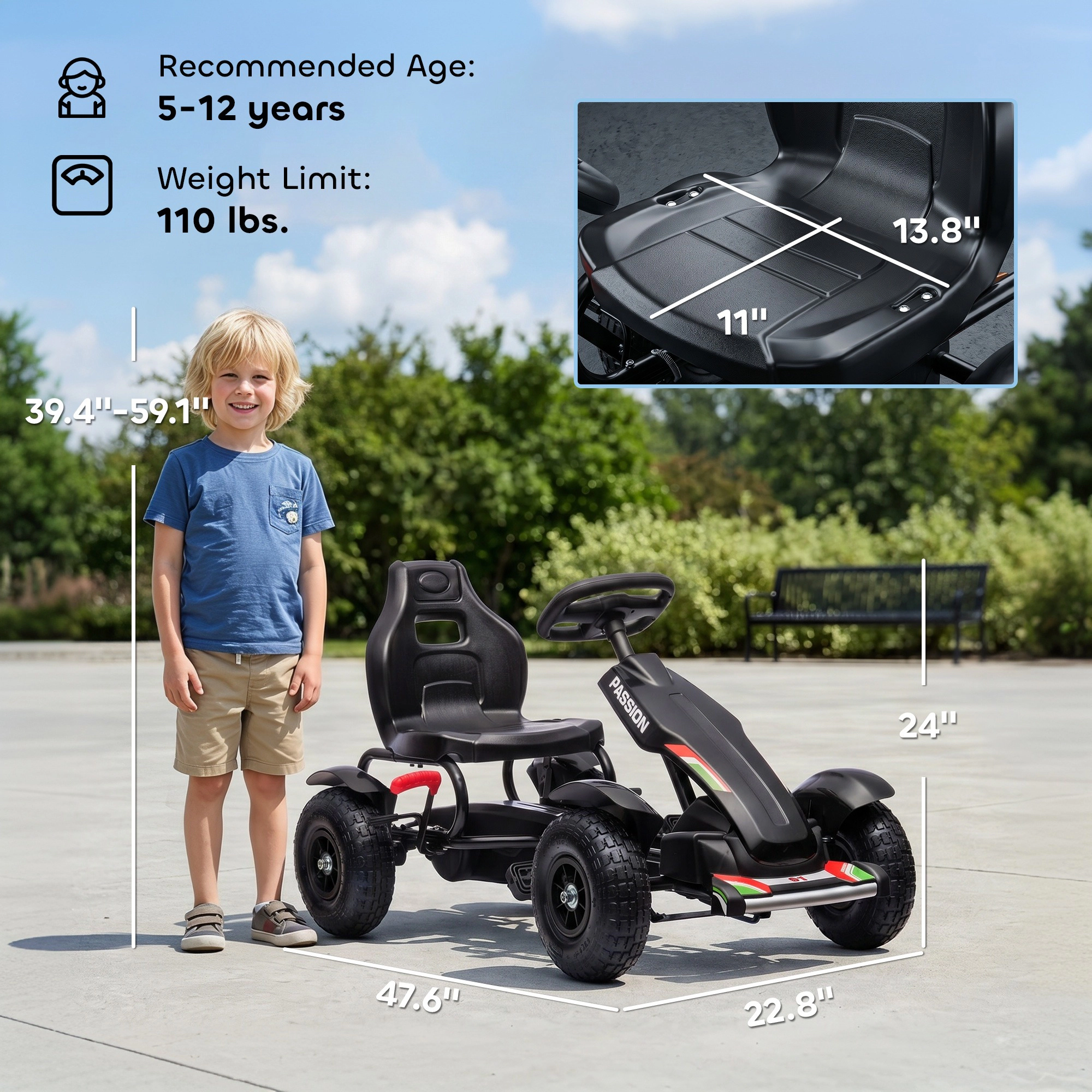 HONGGE Kids Pedal Go Kart Adjustable Seat Rubber