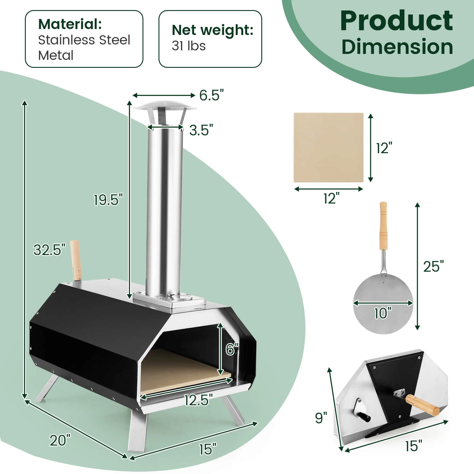 SUGIFT Black Outdoor Pizza Oven with 3-Layer Insulation 12-in Pizza Stone Thermometer and Foldable Legs