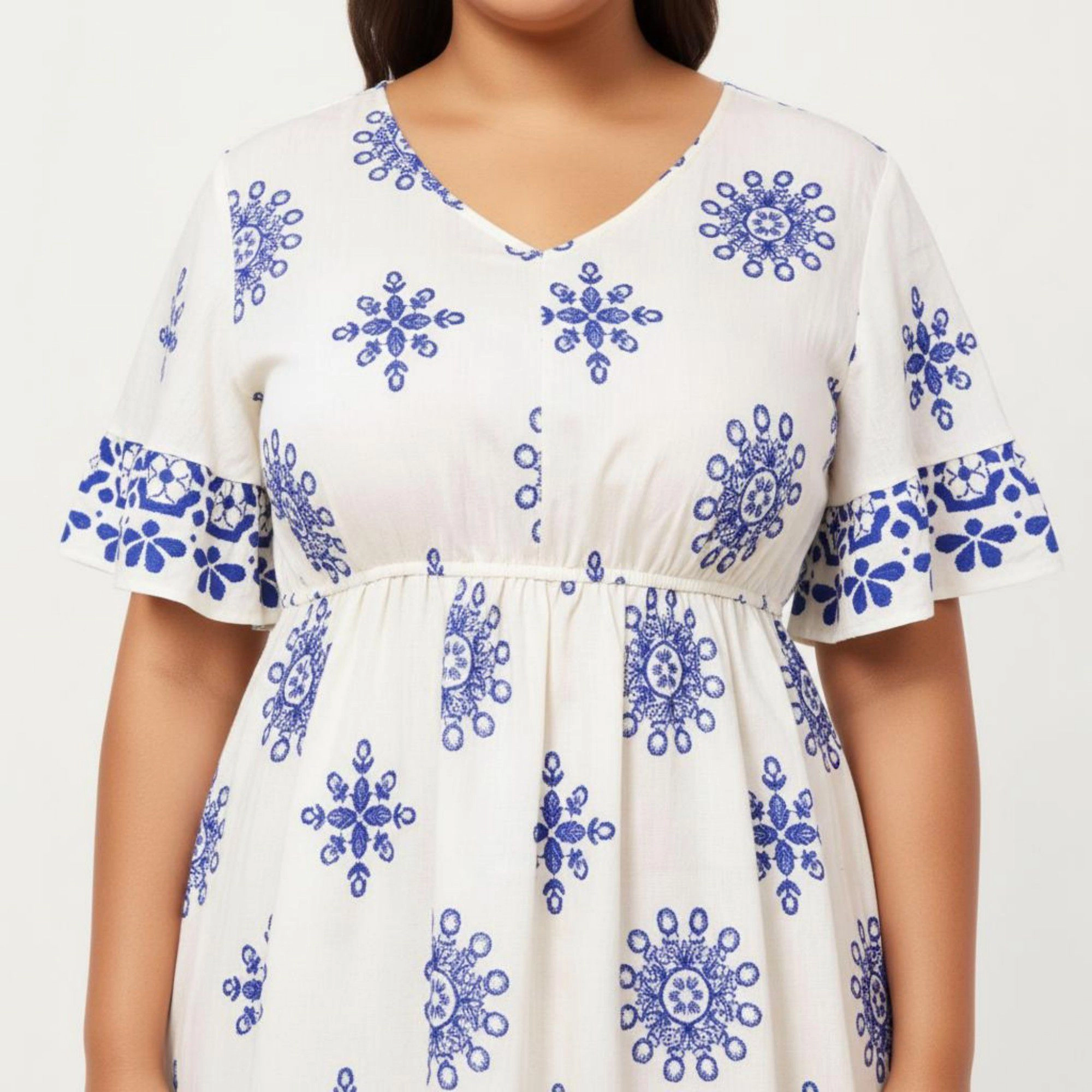 Anna-Kaci Women's Short Sleeve V Neck Elastic Waist All Over Print Border Detail Flowy Fit Casual Midi Dress