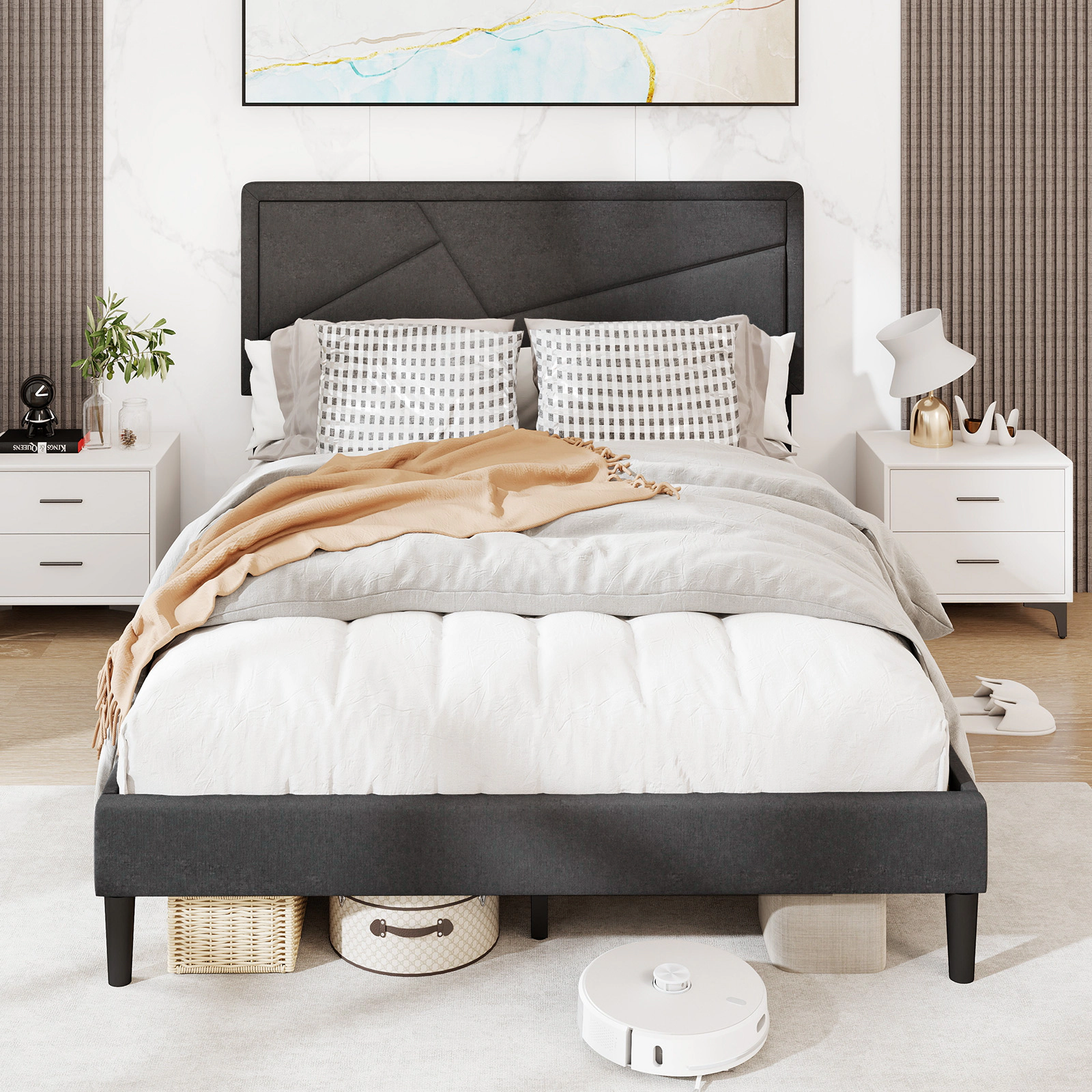SUGIFT Gray High Headboard and 12 Slats Full Size Upholstered Platform Bed Frame