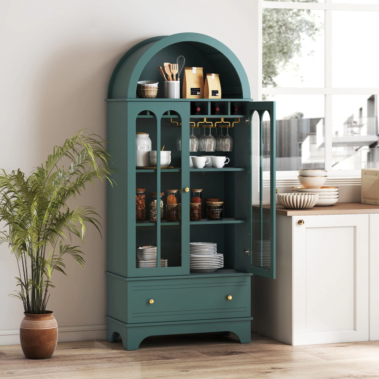SUGIFT 71.5-in Arched Glass Doors 5-Tier Storage 6-Bottle Rack 3 Stemware Rails Wine Cabinet 30.5-in x 16-in Green