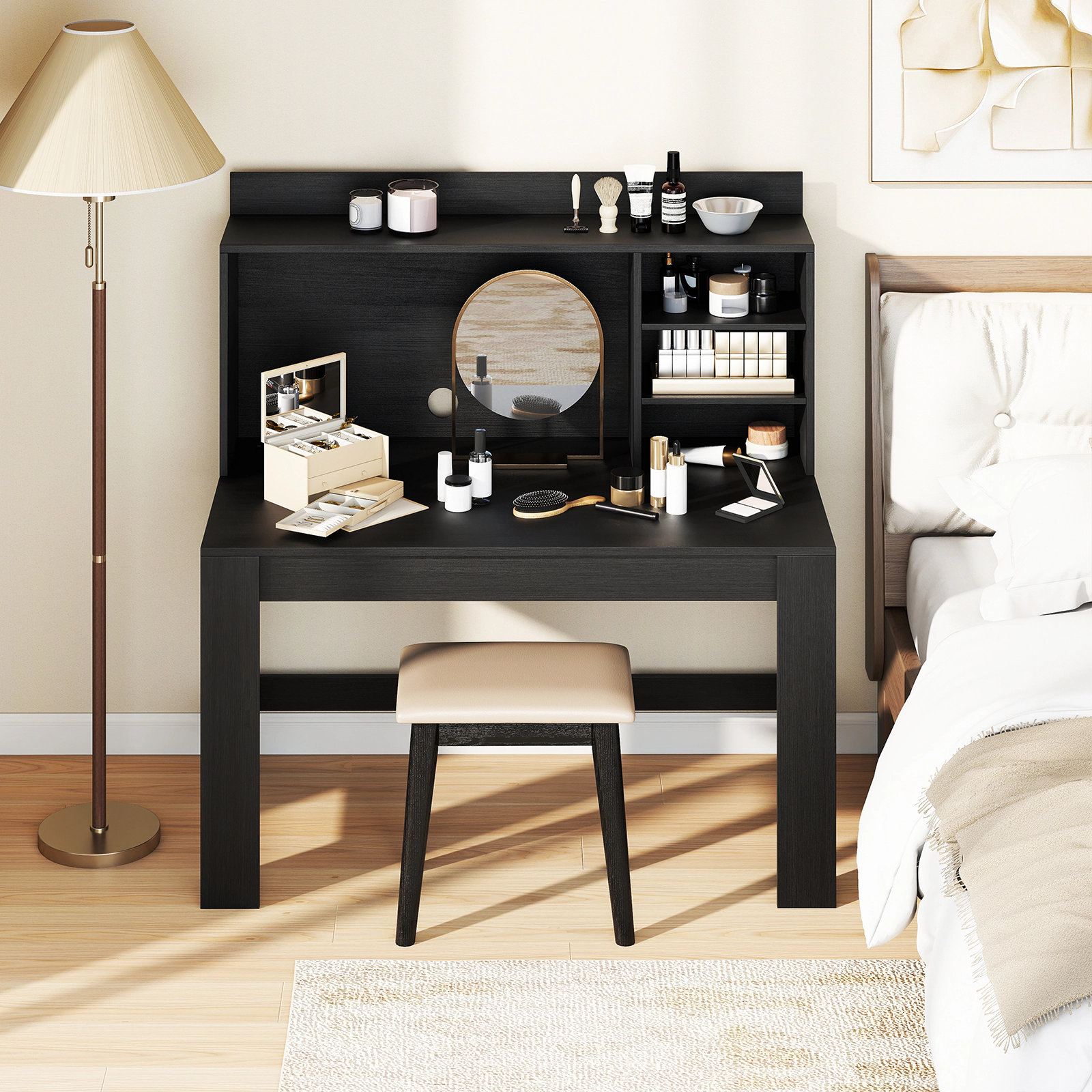 SUGIFT Black Hutch Storage Shelves and Charging Station 42.5 Inch Computer Desk