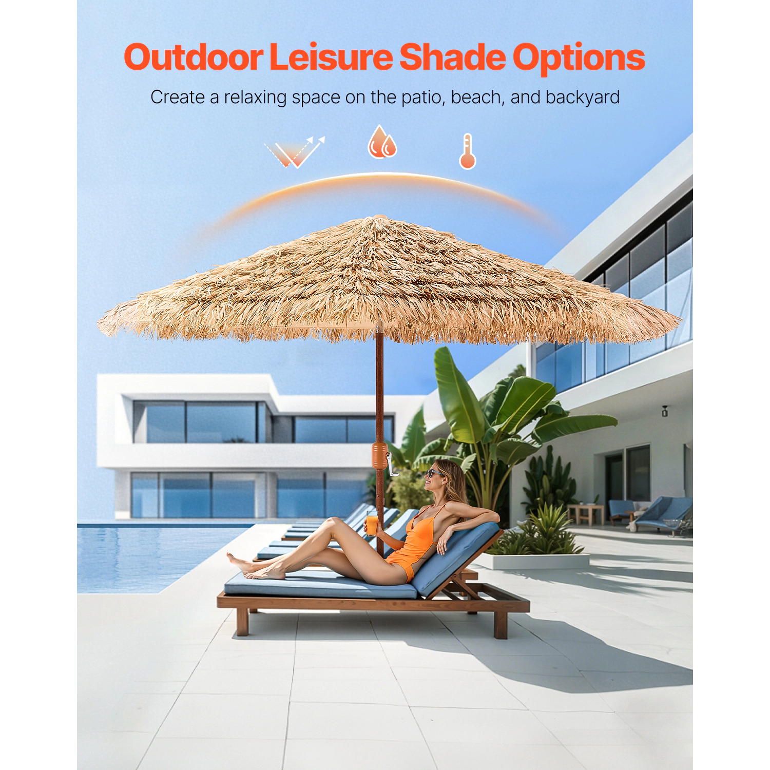 HONGGE Tiki Umbrella 9 ft Thatched Patio Umbrella with Tilt Hawaiian Style Beach Parasol, PP Thatch, 8 Metal Ribs