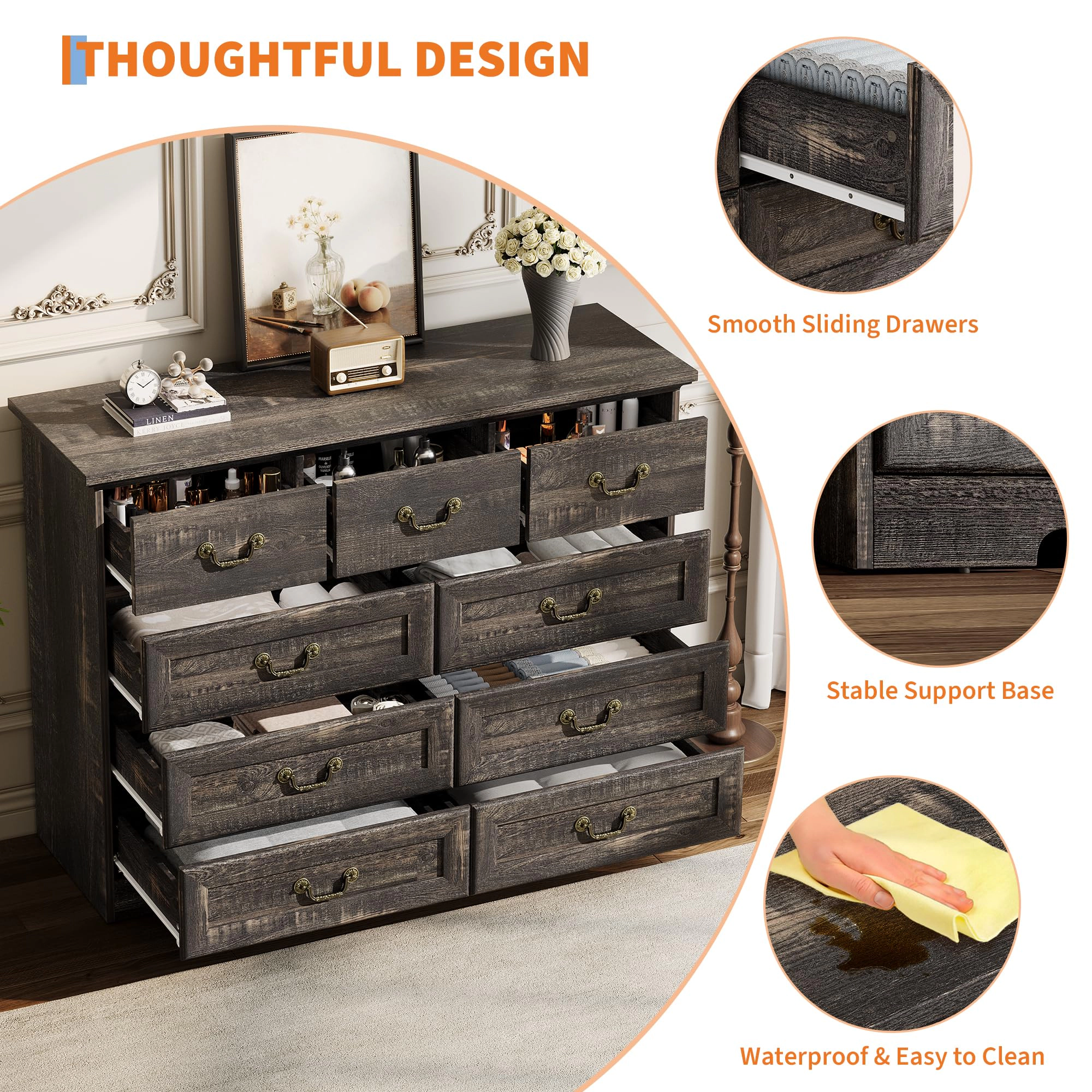 9 Drawer Farmhouse Dresser with Metal Handles, 47" Wide Wood Storage Chest for Bedroom Hallway