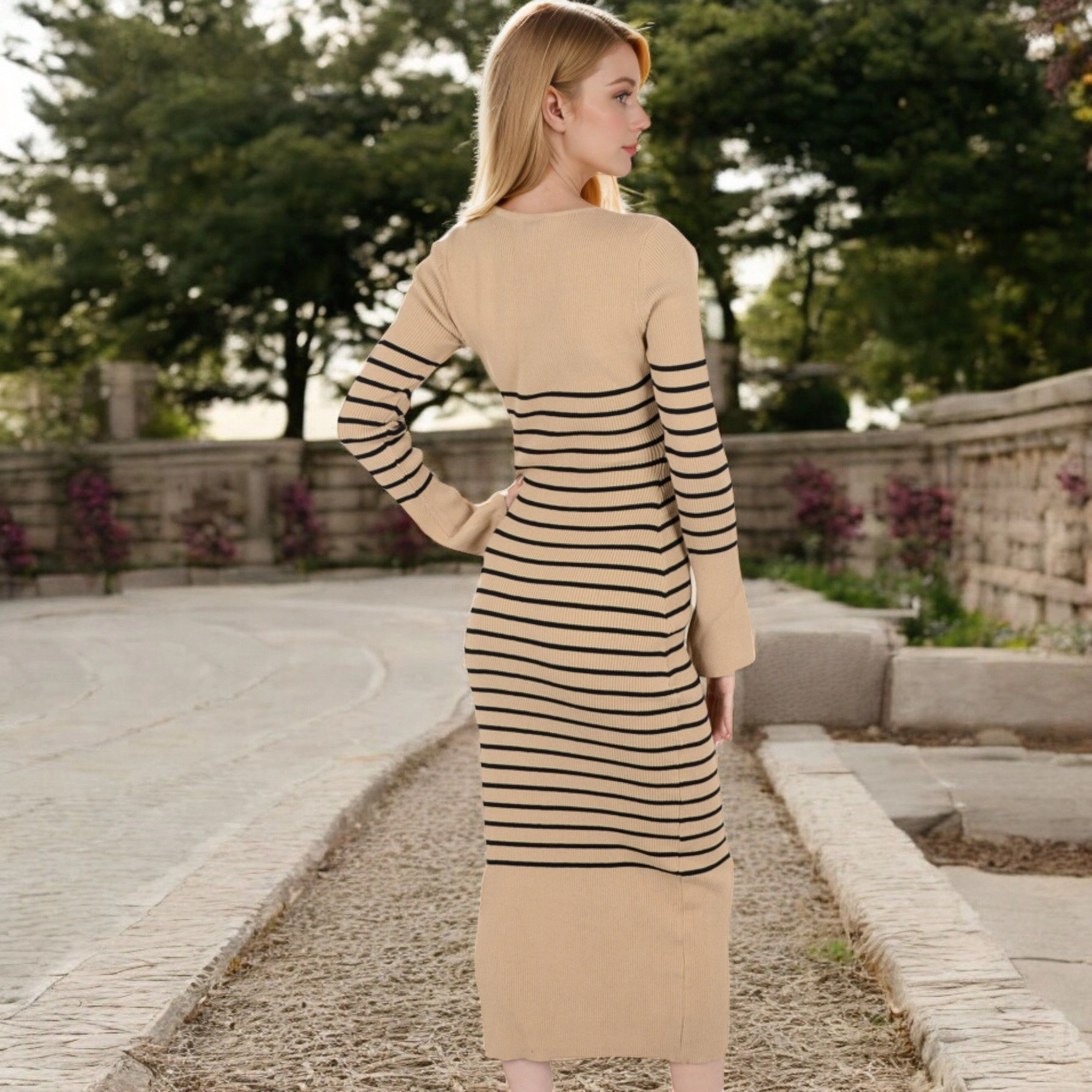 Anna-Kaci Women's Striped Knit Midi Dress with Long Sleeves and Ribbed Texture