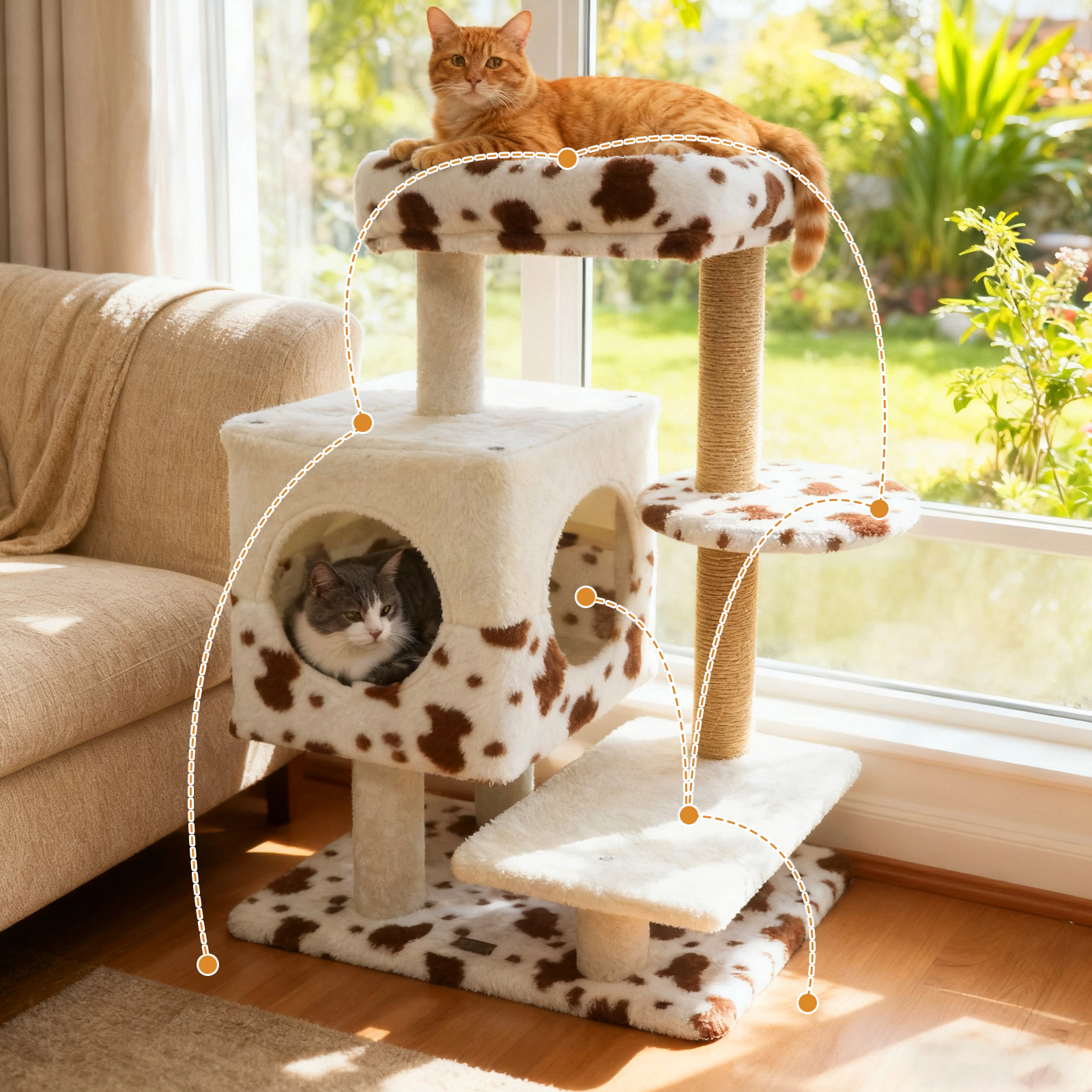 SUGIFT Modern Cat Tree Indoor Cat Tower with Wide Upholstered Perch and 2-Entrance Cat Condo 30-in Tall White Brown