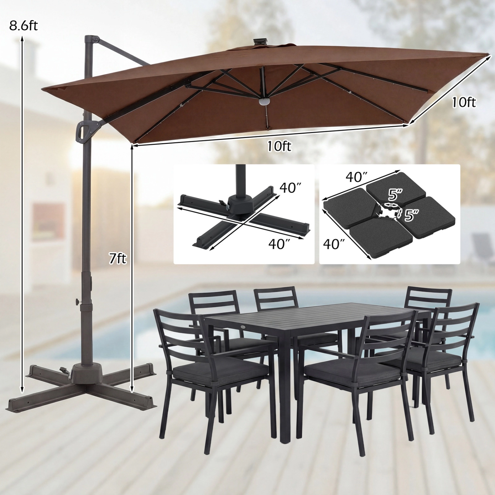SUGIFT 10-ft Tan Solar LED Offset Cantilever Patio Umbrella with 32 Lights 6 Tilt Positions and 220-lb Base