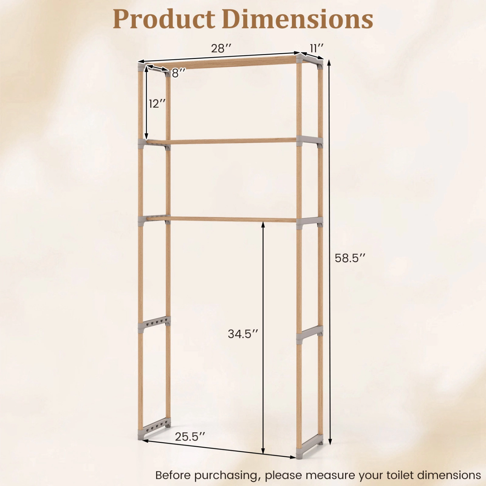 SUGIFT 3-Tier Over The Toilet Storage Rack with Open Shelves 58.5-in Tall 55-lb Shelf Capacity Natural and Gray