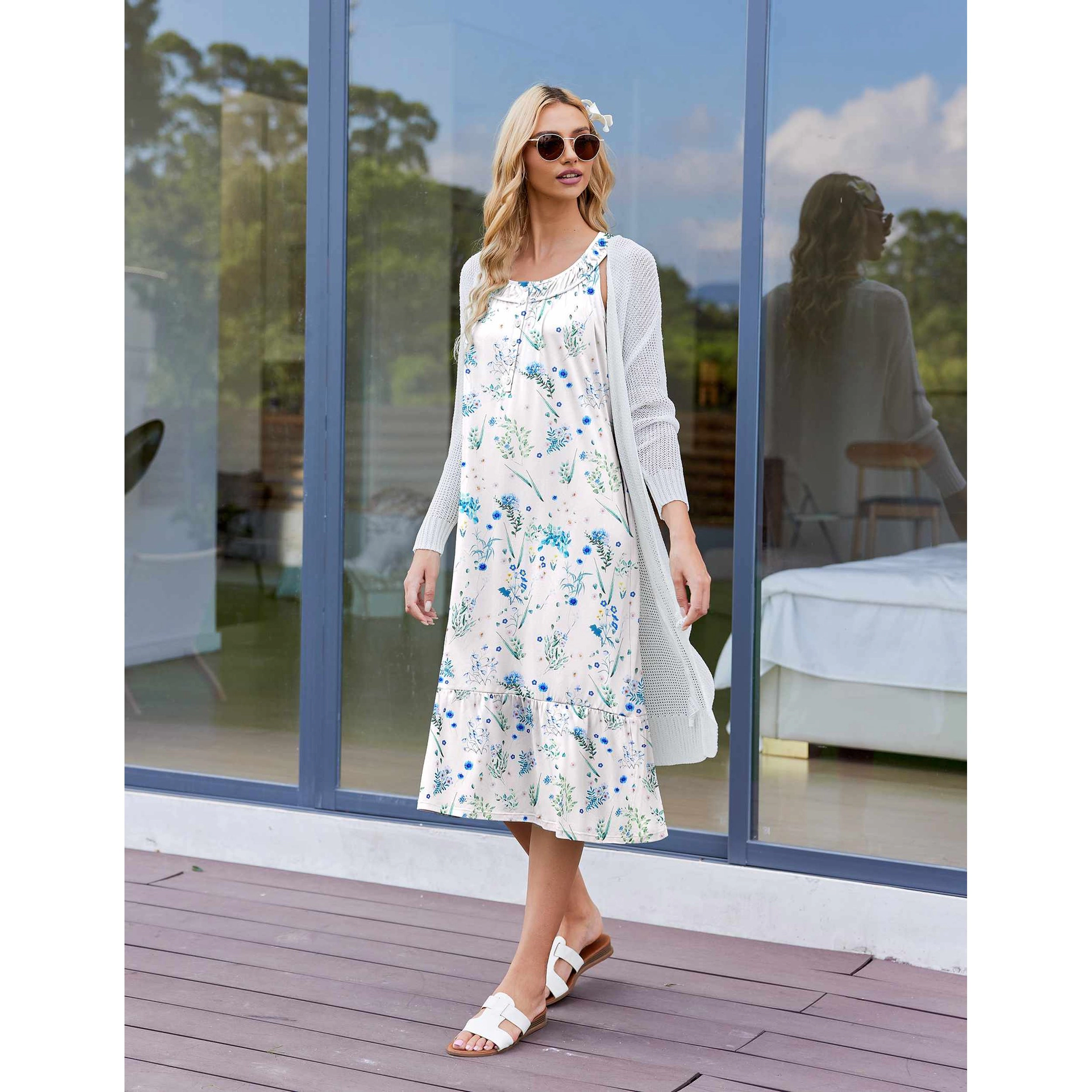 Ekouaer Nightgowns Sleeveless Nightgown with Pockets Long Ladies Nightdress Soft Sleepwear