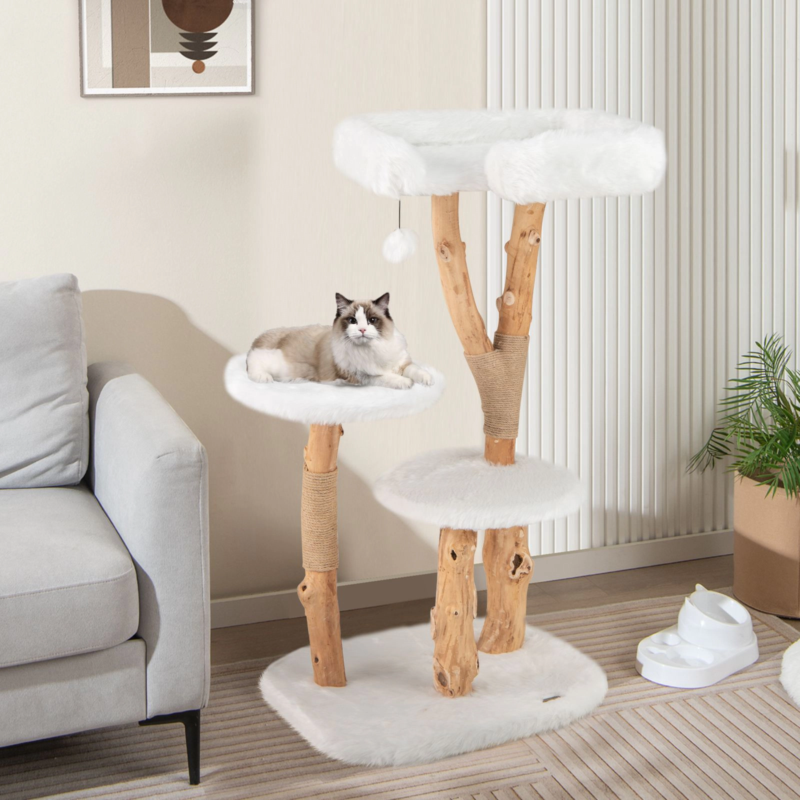 SlickBlue 44" Solid Wood Cat Tree with Plush Perches & Scratcher