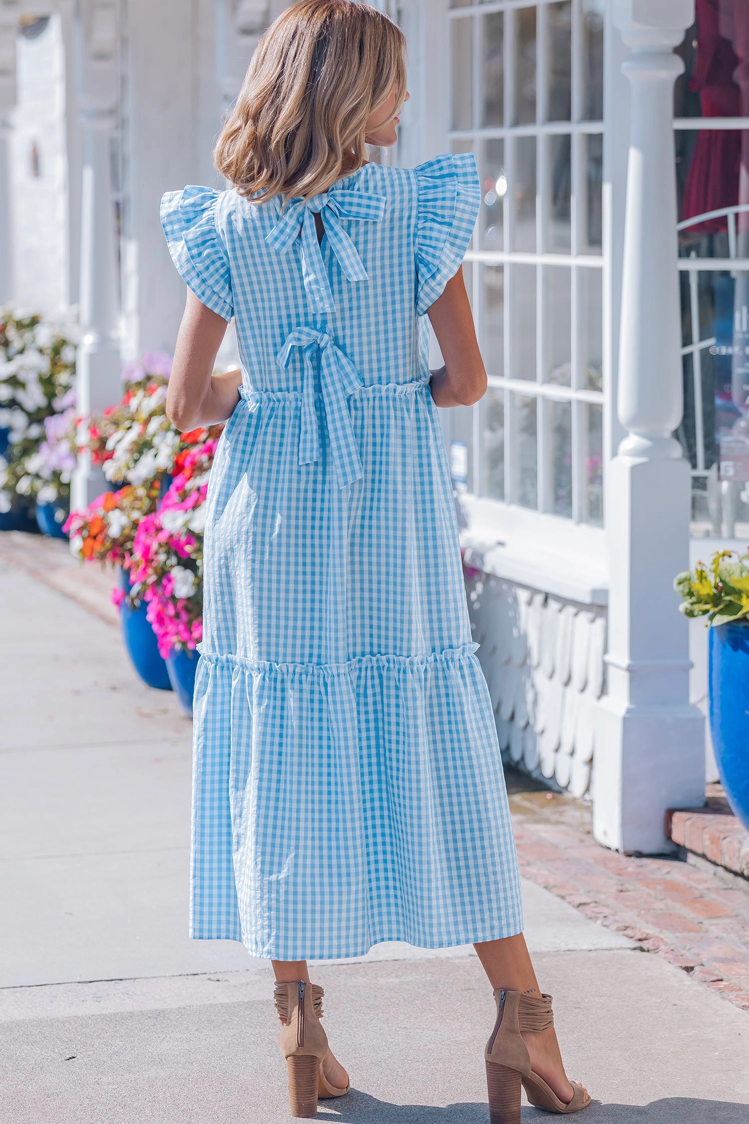 Threaded Pear Womens Deborah Sleeve Gingham Maxi Dress - Sky Blue
