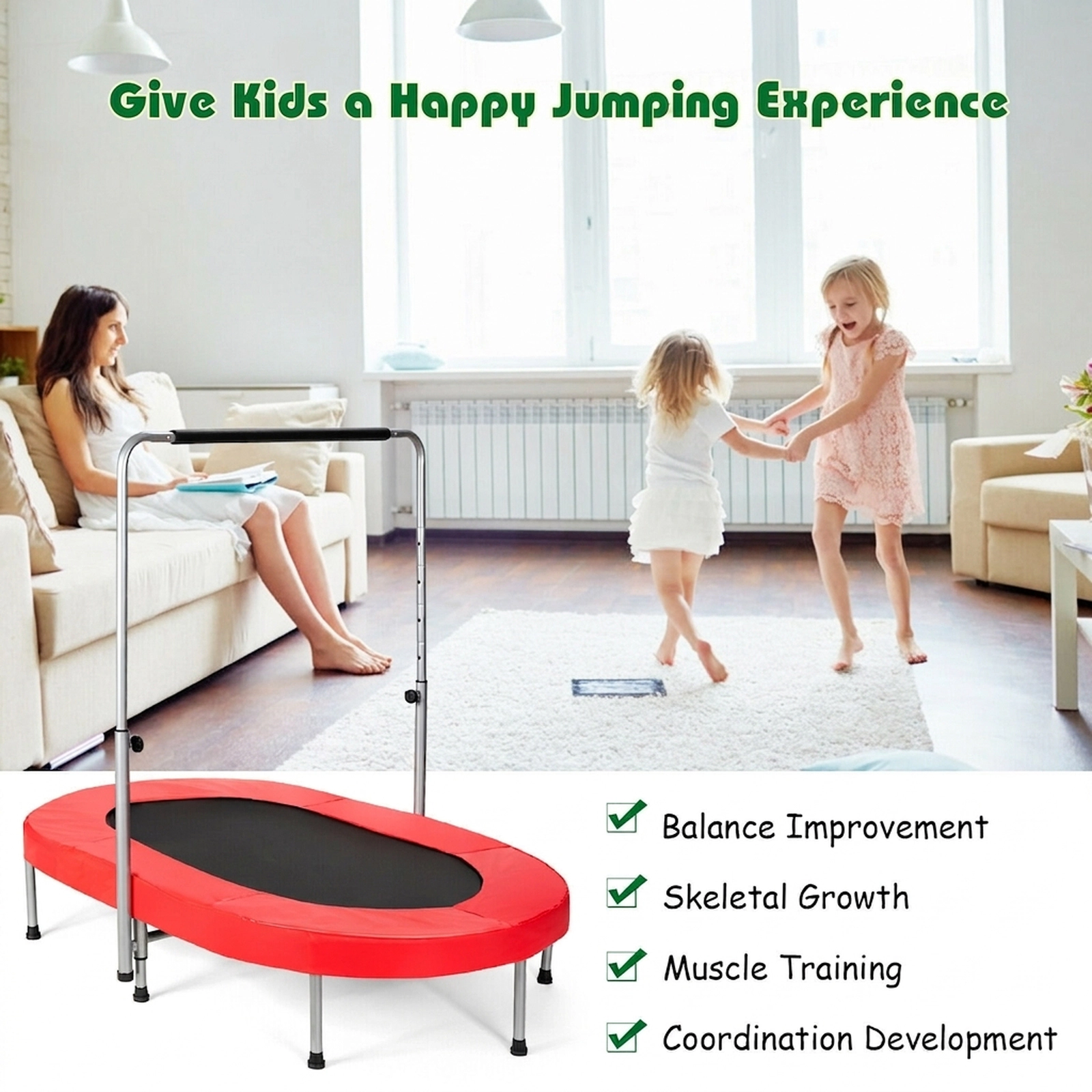 2-Person Folding Rebounder Trampoline Adjustable Foam Handle 36-in to 52-in 5 Levels 330-lb 40 Springs Red