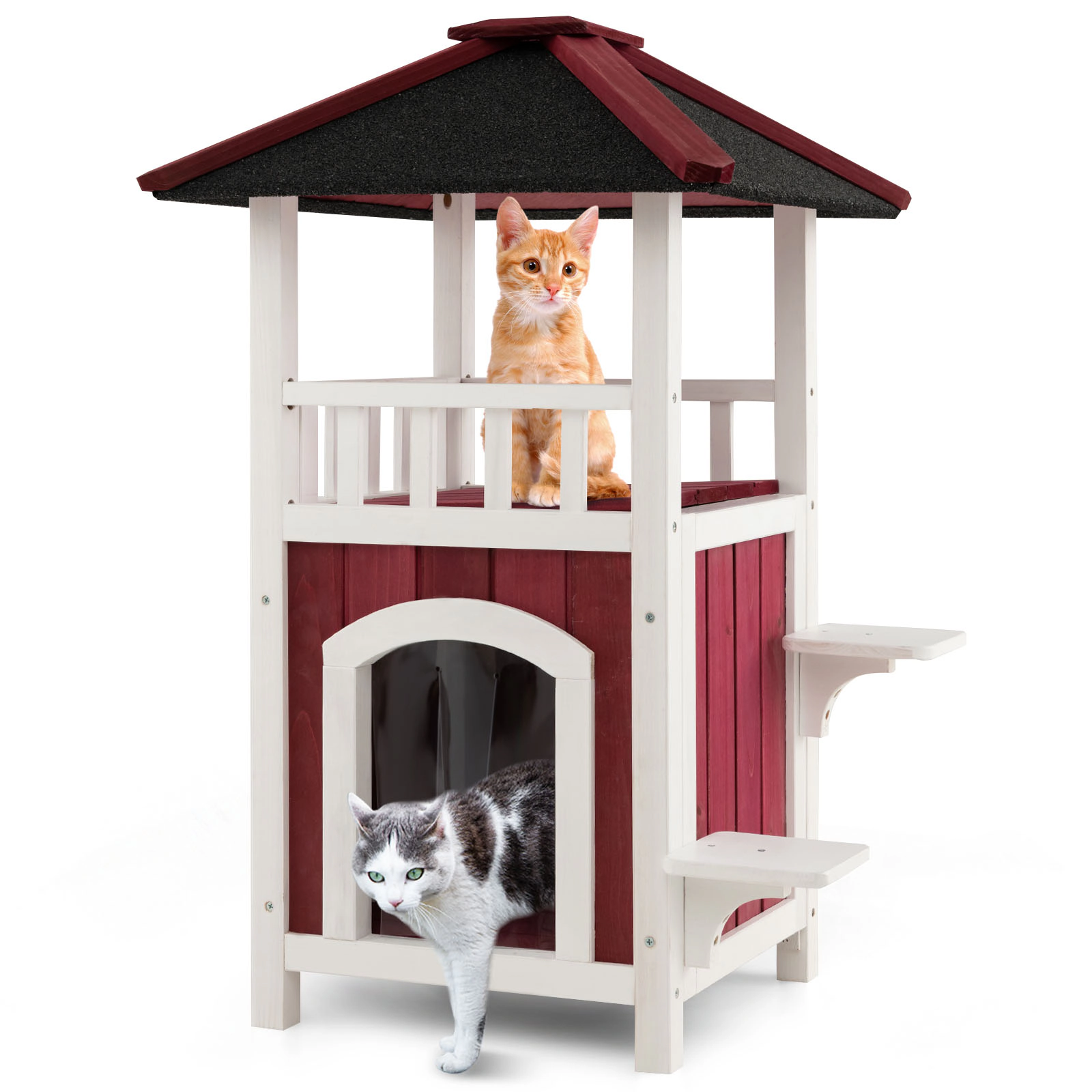 SUGIFT 23 x 34-in 33-lb Platform Capacity Red 2-Story Wooden Outdoor Cat House with Asphalt Roof and Balcony