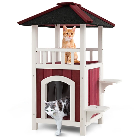 SUGIFT 23 x 34-in 33-lb Platform Capacity Red 2-Story Wooden Outdoor Cat House with Asphalt Roof and Balcony