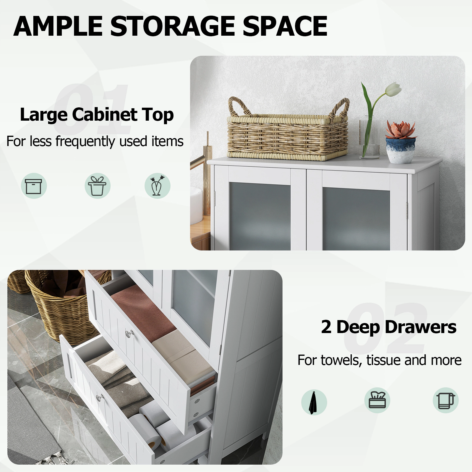 Slickblue White Glass Door Floor Storage Cabinet 2 Drawers Engineered Wood Countertop