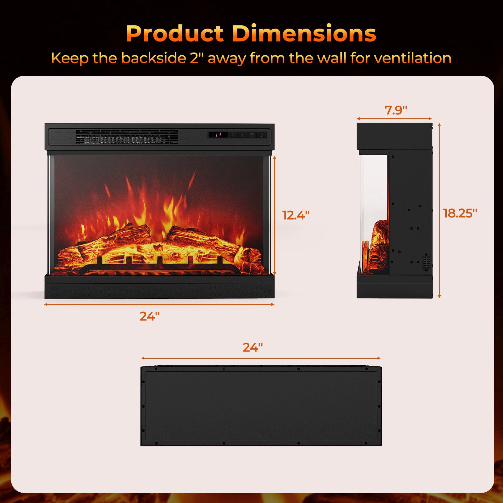 SlickBlue 24 Inch Electric Fireplace Heater with 3-Sided Glass