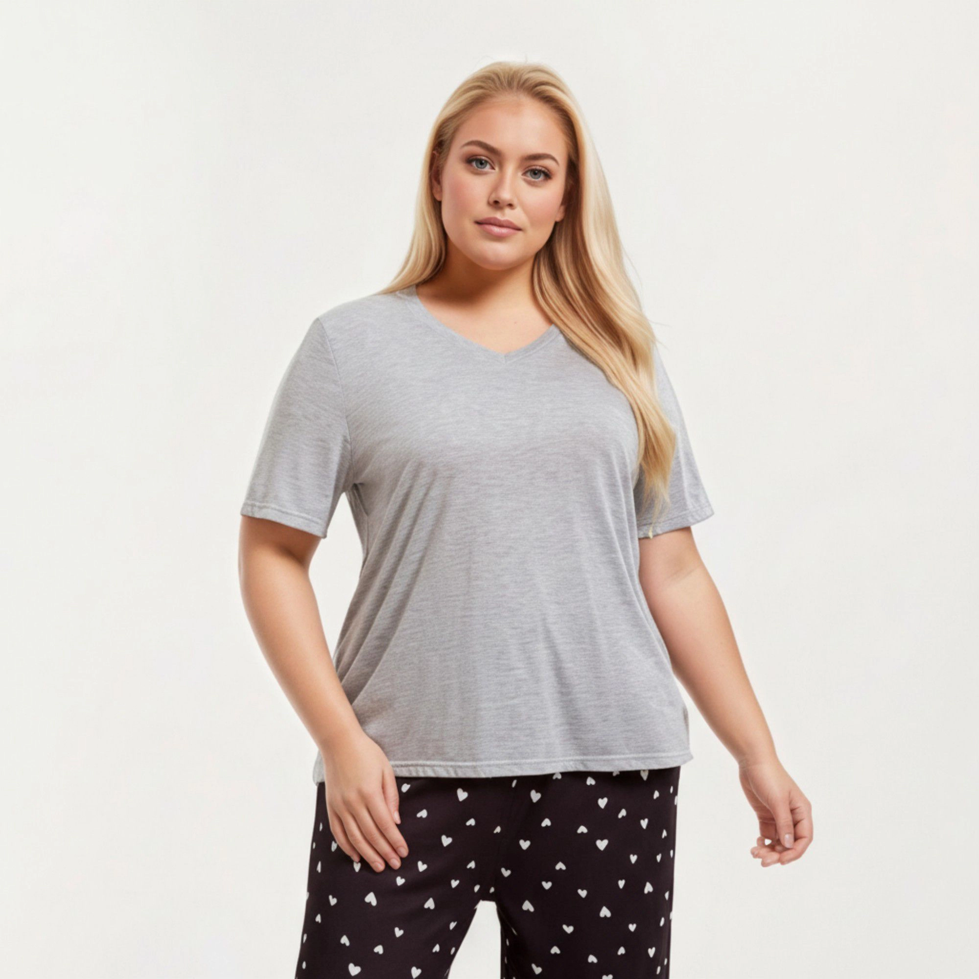 Anna-Kaci Women's 2-Piece Soft Knit Valentine Short Sleeve Top and Heart Print Capri Pajama Pants with Stretch Waist Tie