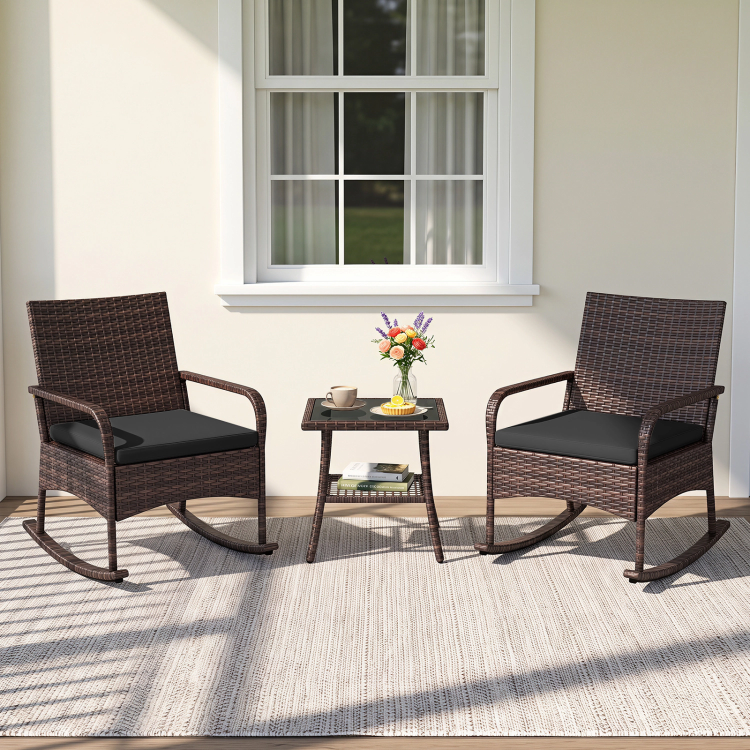 LJG 3 Pieces PE Wicker Rocking Bistro Set with 2-Tier Side Table Cushions and Ergonomic Armchairs for Porch