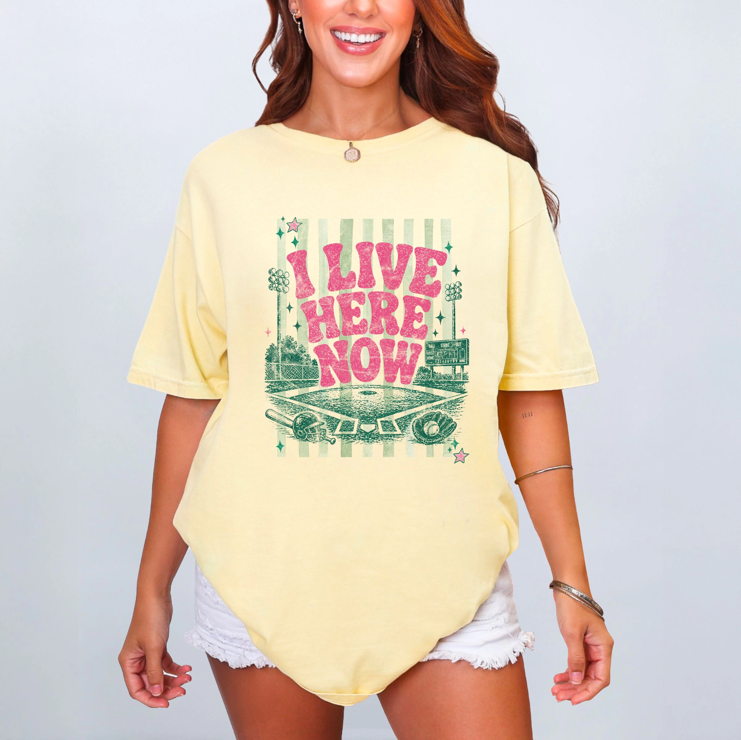 Simply Sage Market - Women's Garment Dyed Graphic T-Shirt I Live Here Now