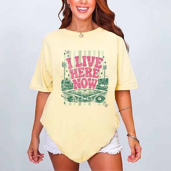 Simply Sage Market - Women's Garment Dyed Graphic T-Shirt - I Live Here Now