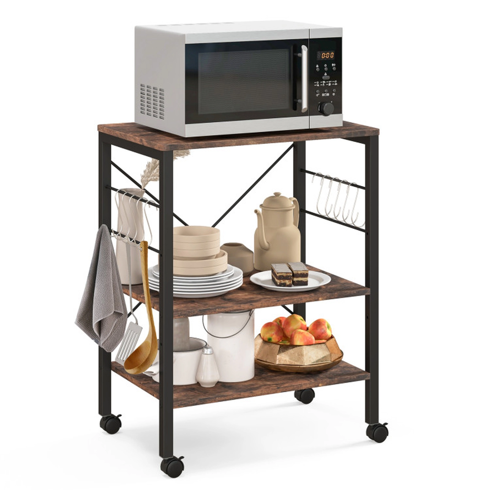 SUGIFT Rustic Brown 3-Tier Kitchen Cart Bakers Rack with 10 Hooks 23.5-in W 16-in D 29-in H 44-lb Top