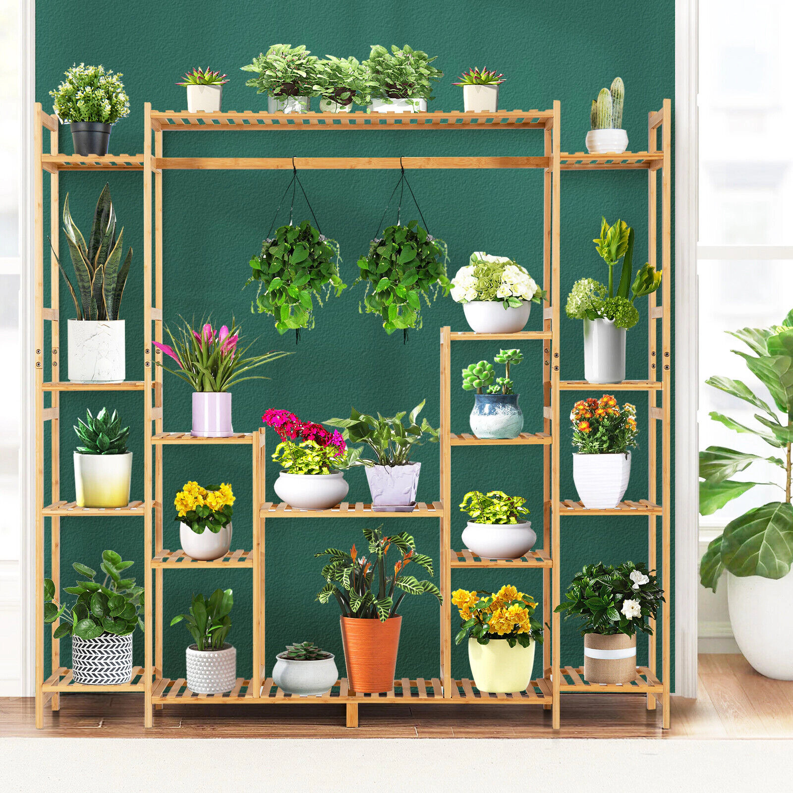 Slickblue 9-Tier Wicker Plant Stand with Hanging Rack for Indoor Outdoor Use